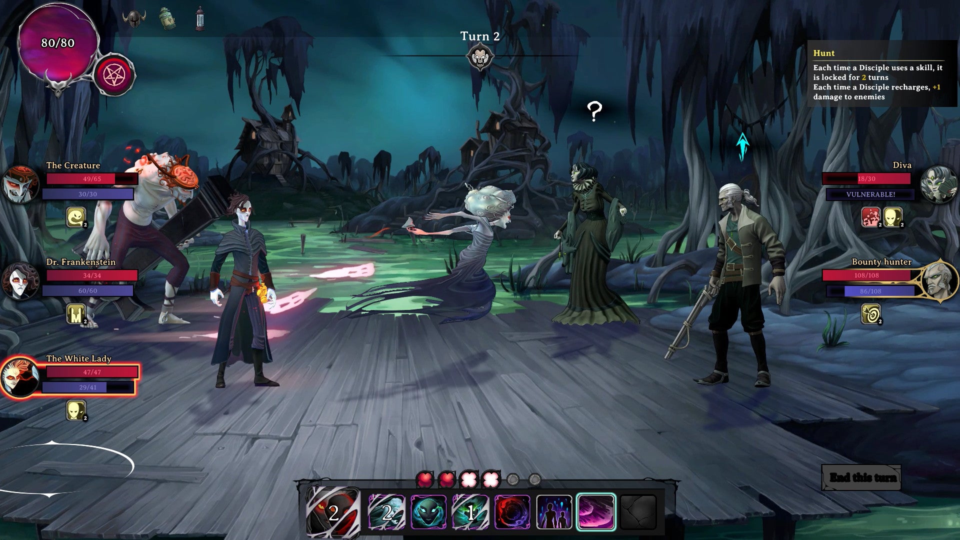 A combat screen from Rogue Lords. The White Lady is launching one of her spirit attacks on a bounty hunter.