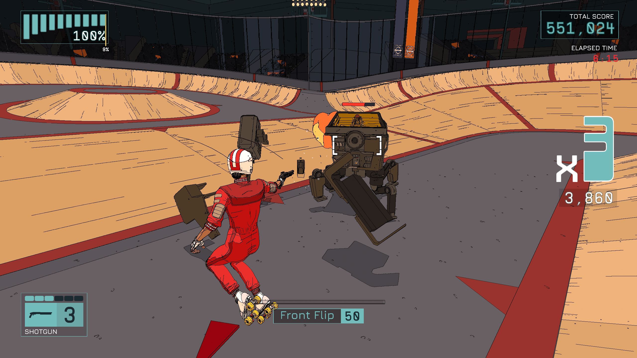 A woman in a red jump suit fires a gun in the air at a robot sentry in a rollerdrome