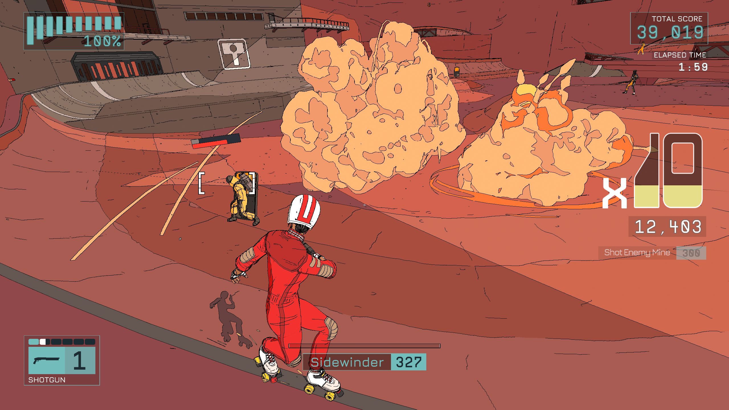 A woman in a red jump suit performs a sidewinder while firing backwards at an enemy in Rollerdrome