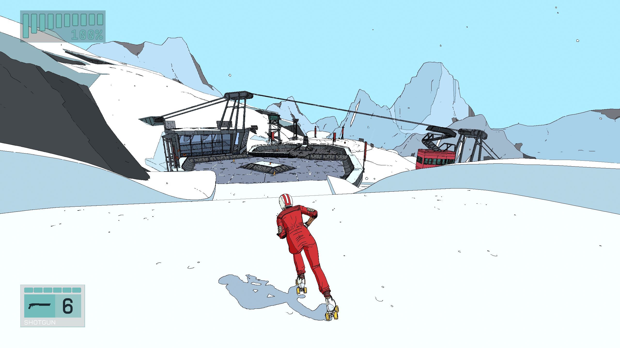 A woman in a red jump suit rollerskates over snowy terrain in Rollerdrom