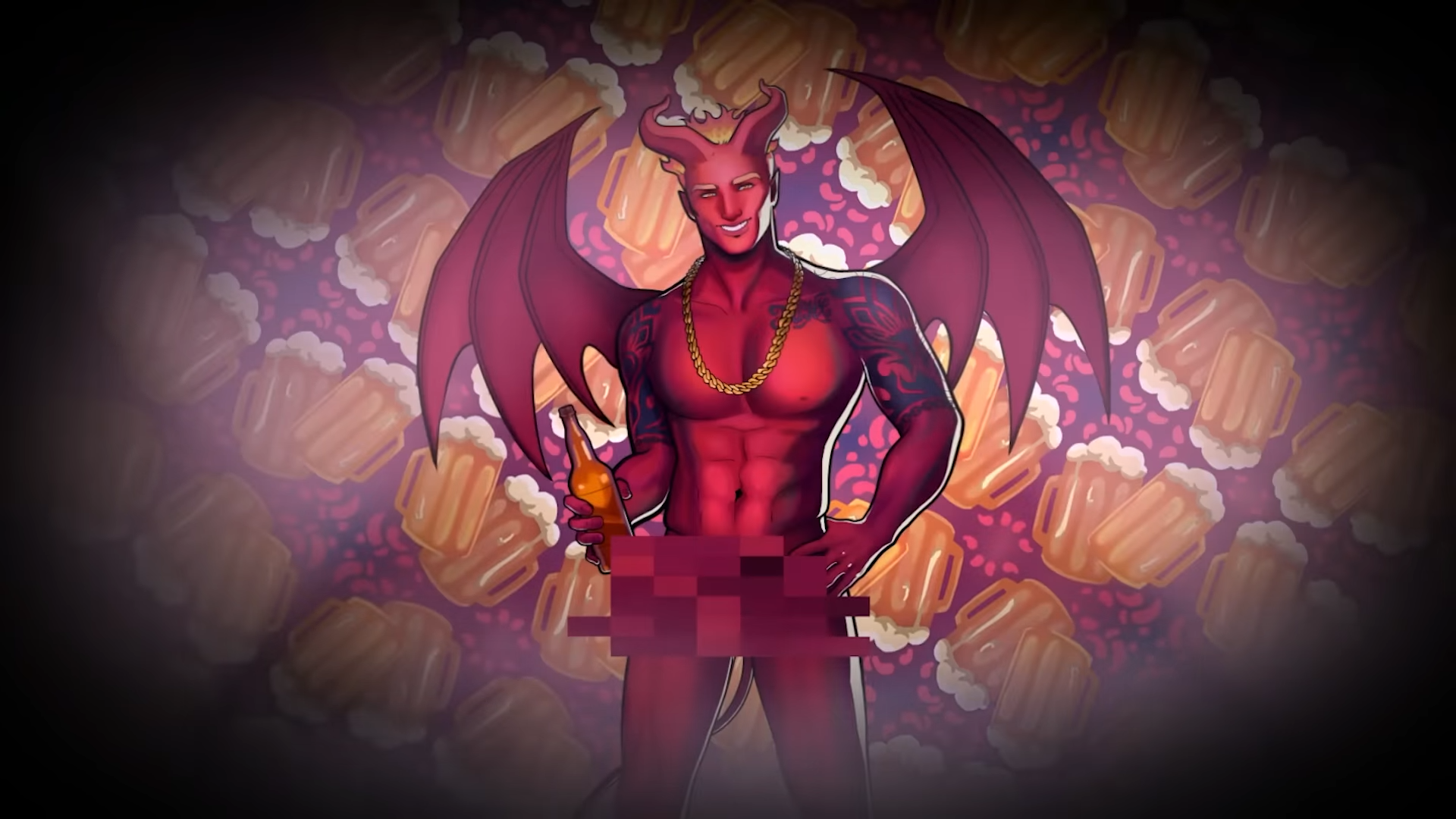 Character art for the dateable option Brocifer in Romancelvania. A muscular red demon with blonde hair, tattoos, and no clothes (except for some light pixellation) stands against a background of cartoon beer mugs.