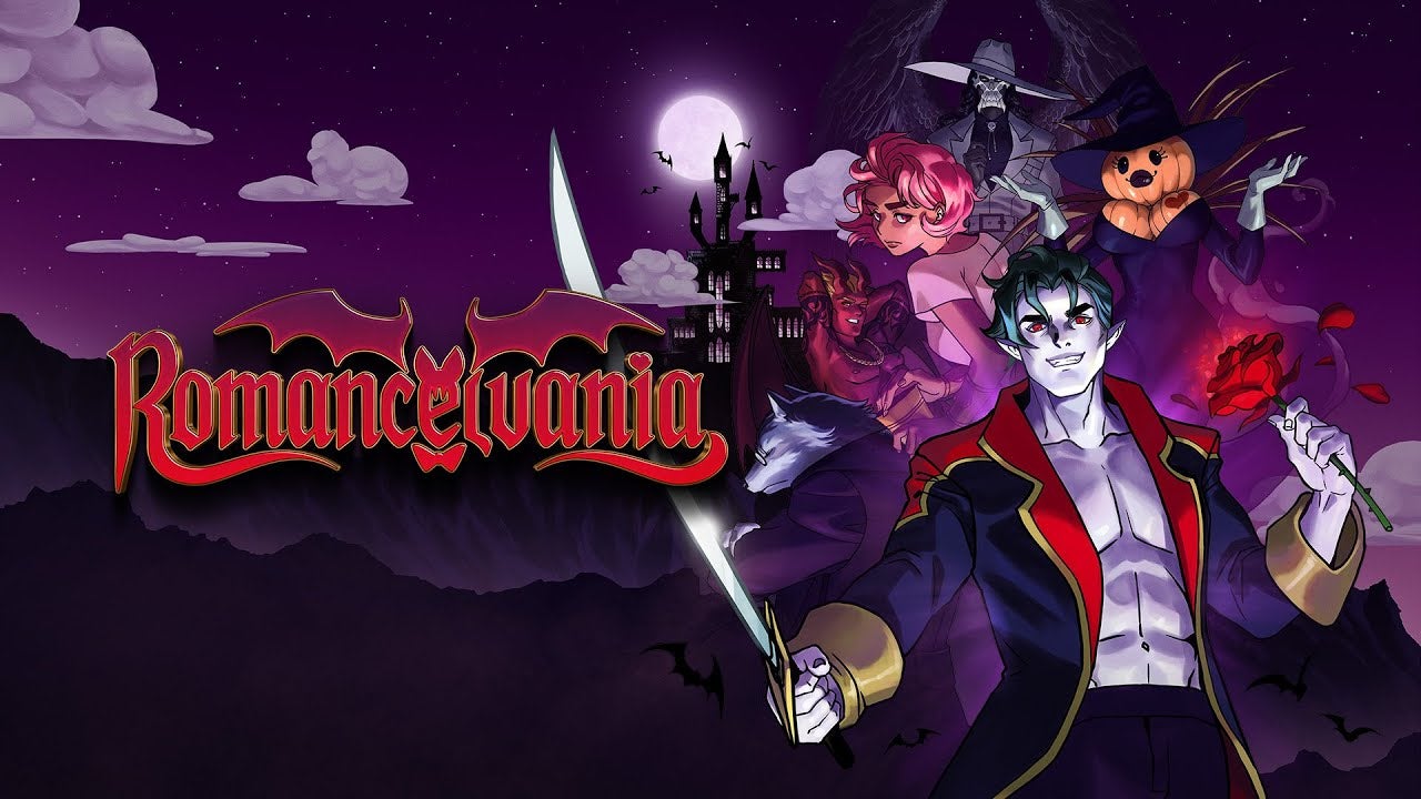 The store page image for Romancelvania, showing Drac and a selection of his love interests against a gothic backdrop featuring a castle, the full moon, and bats in flight.
