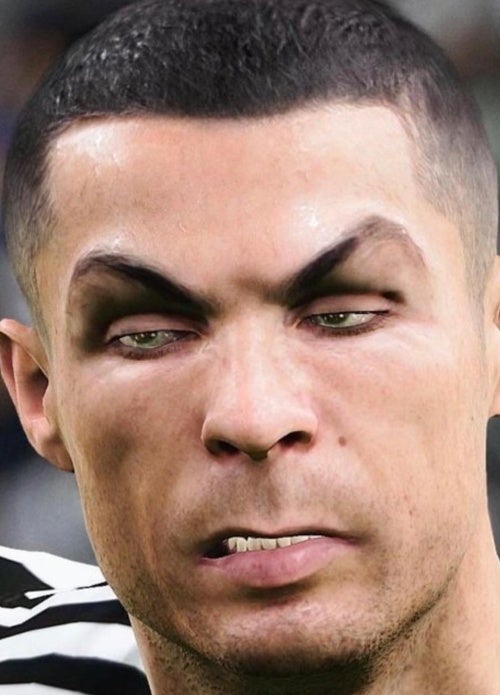 A screenshot of Ronaldo, looking worse for wear, in eFootball.