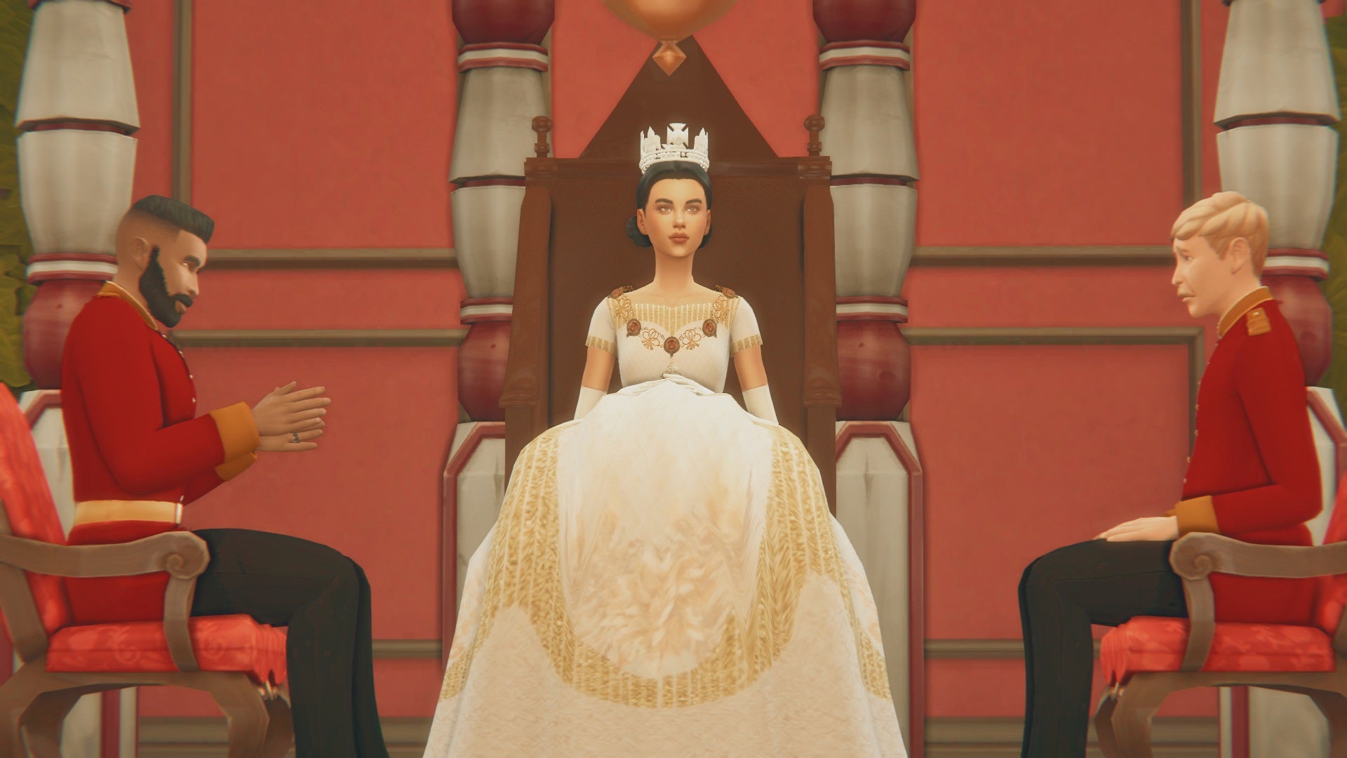 A female Sim in a white ballgown and crown sits on a throne, attended by two male Sims in red guard uniforms. This is a promotional image for the Royalty Mod.