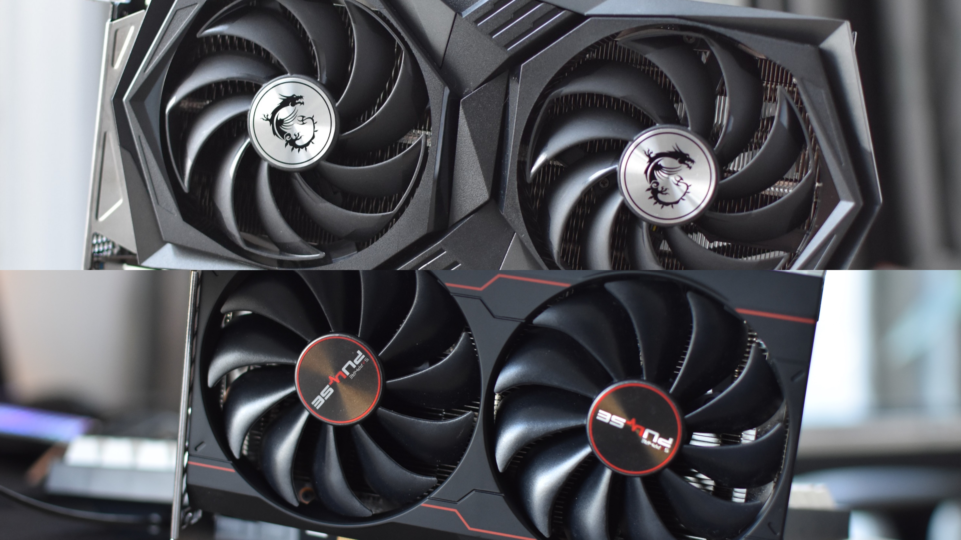 A composite image showing both the Nvidia GeForce RTX 3050 and AMD Radeon RX 6500 XT graphics cards.