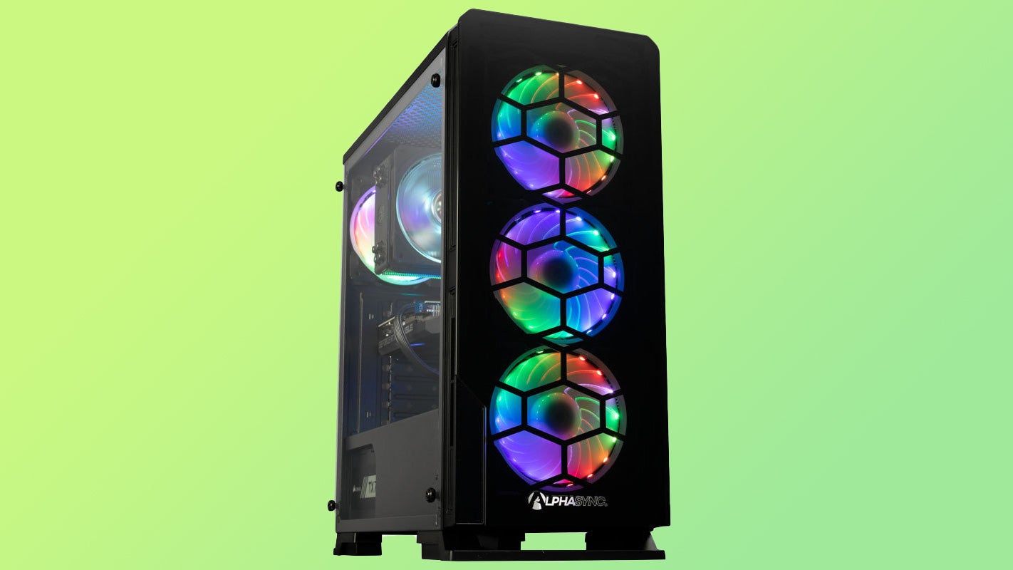 a photo of a gaming PC with three large RGB fans on the front and more inside