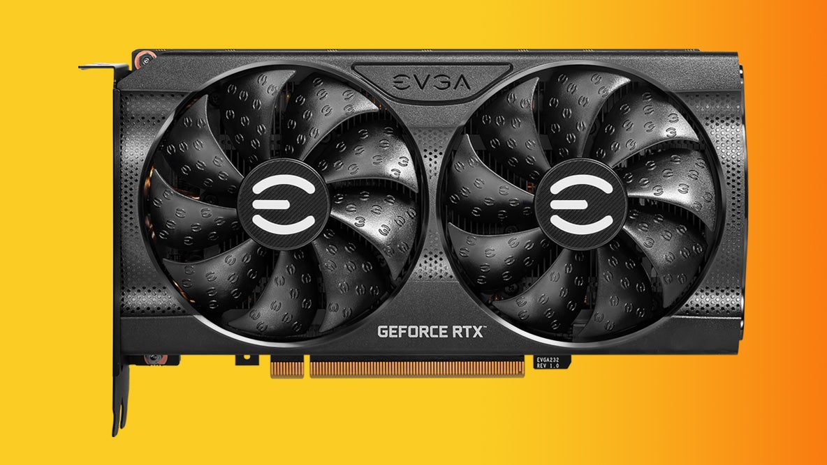 a colourful photo of an EVGA RTX 3060 graphics card