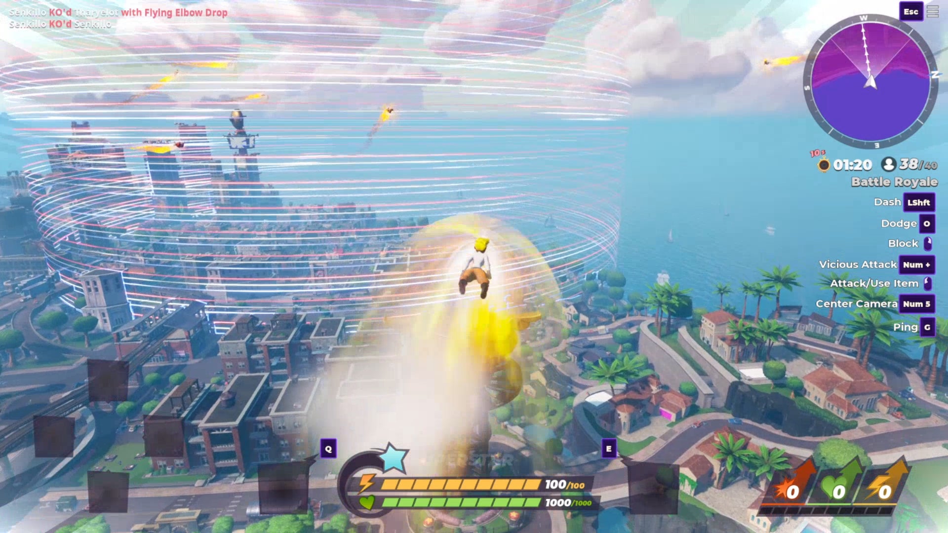 A player at the start of a Rumbleverse match being fired out of a cannon into the Grapital City map.