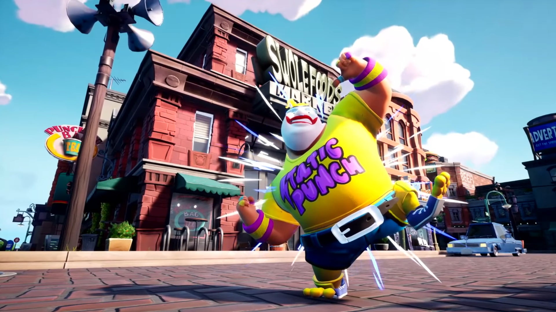 A Rumbleverse player poses in front of a SwoleFoods Market building.