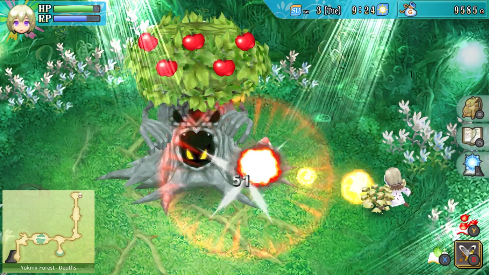 A screenshot of Rune Factory 4 Special showing the player in a fight with a big angry tree which has grown some lovely red apples.