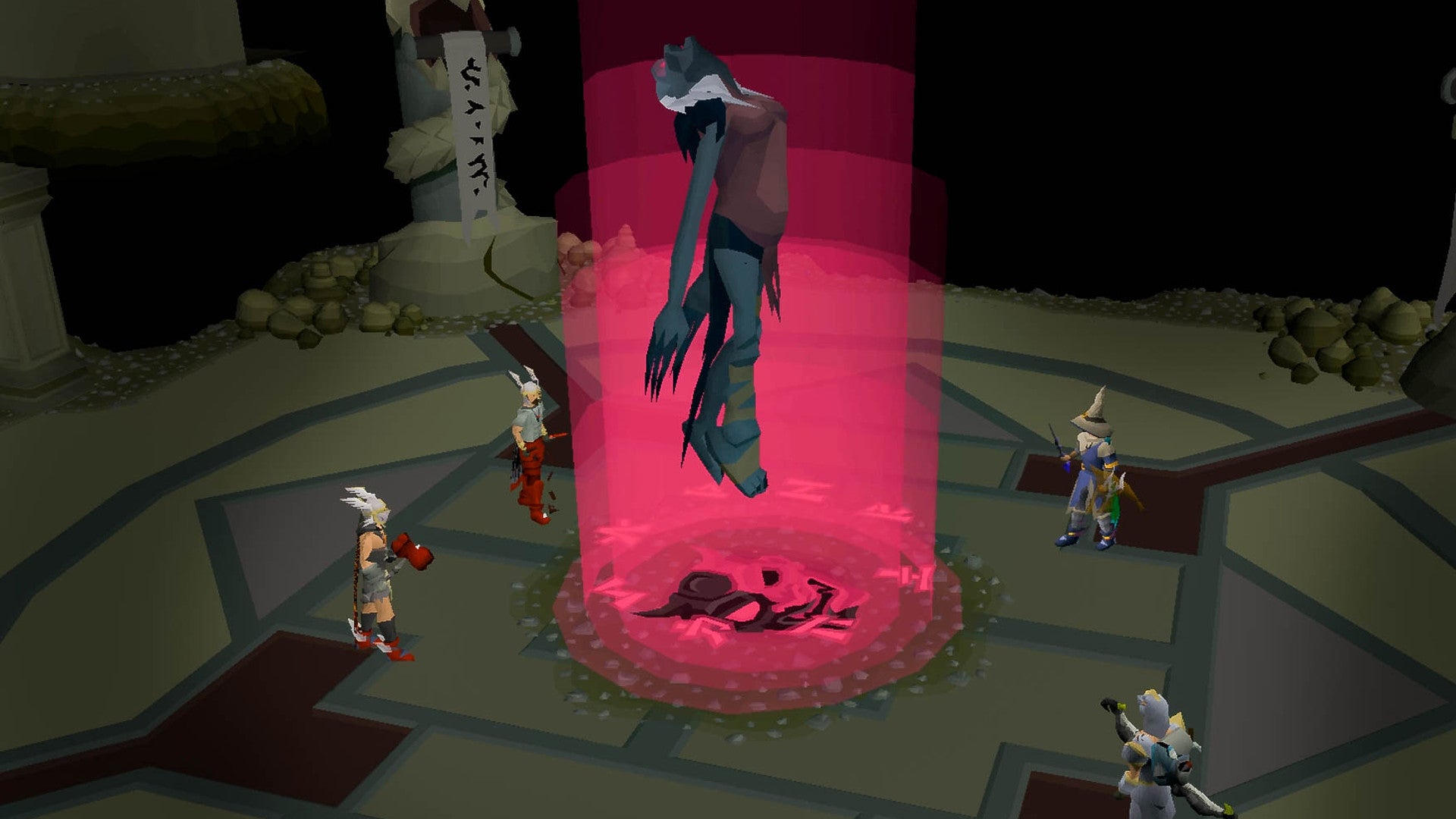 Players putting some strange red magic on a troll in Old School RuneScape.