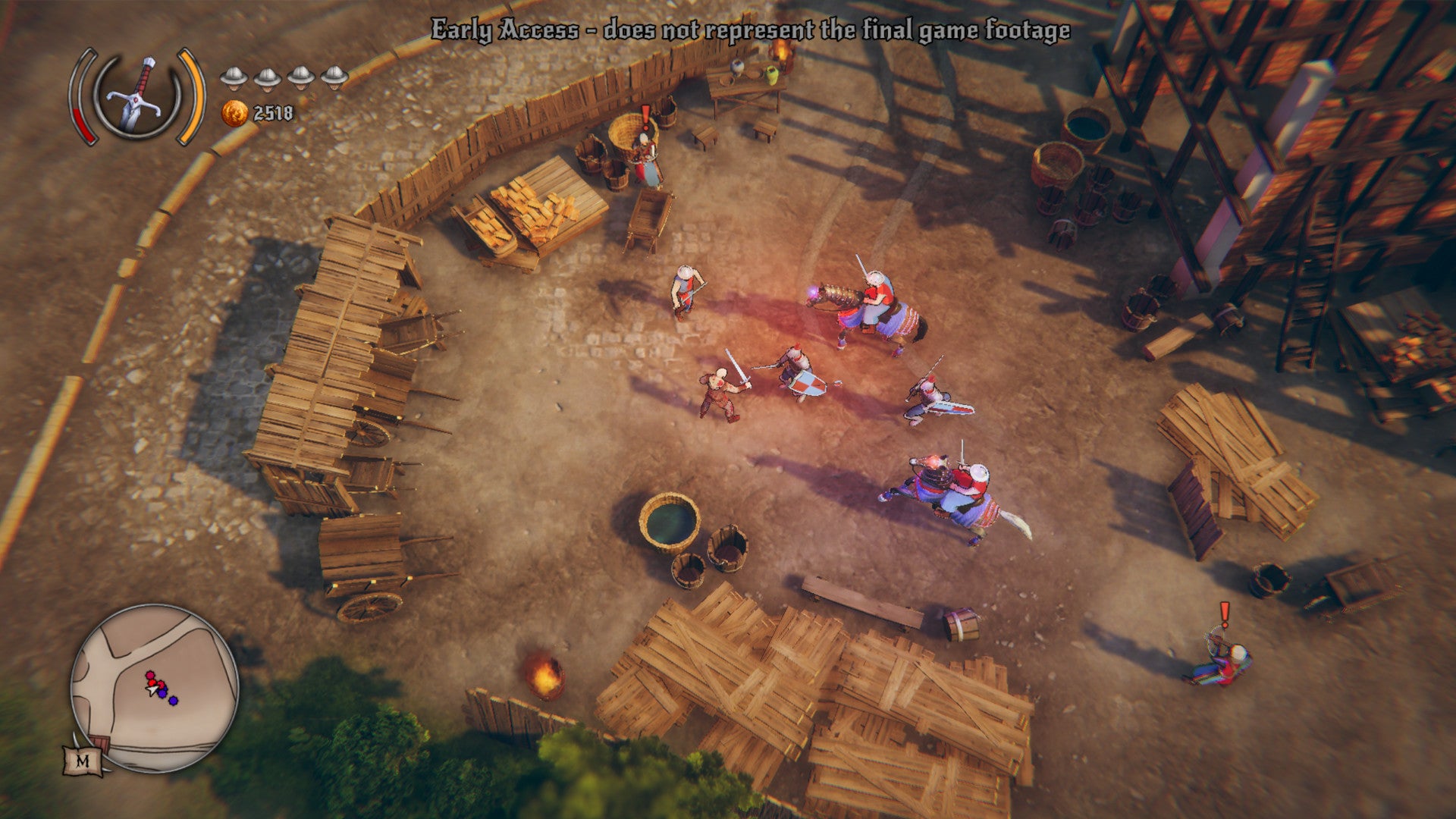 A screenshot of Rustler, showing a topdown 3D view of a man with a sword surrounded by knights with their own swords, two on horseback, in a medieval world.