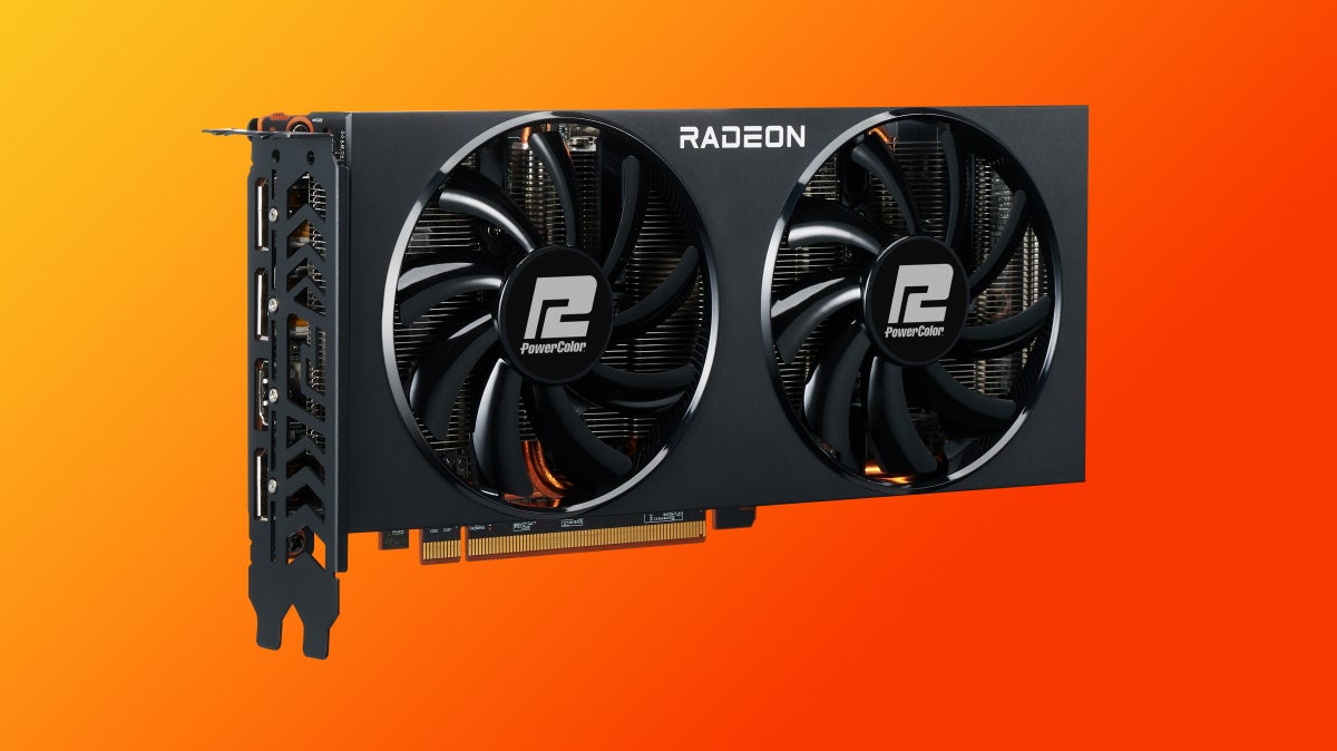 an rx 6700 graphics card from amd, made by board partner powercolor in a 'fighter' design with two axial fans.