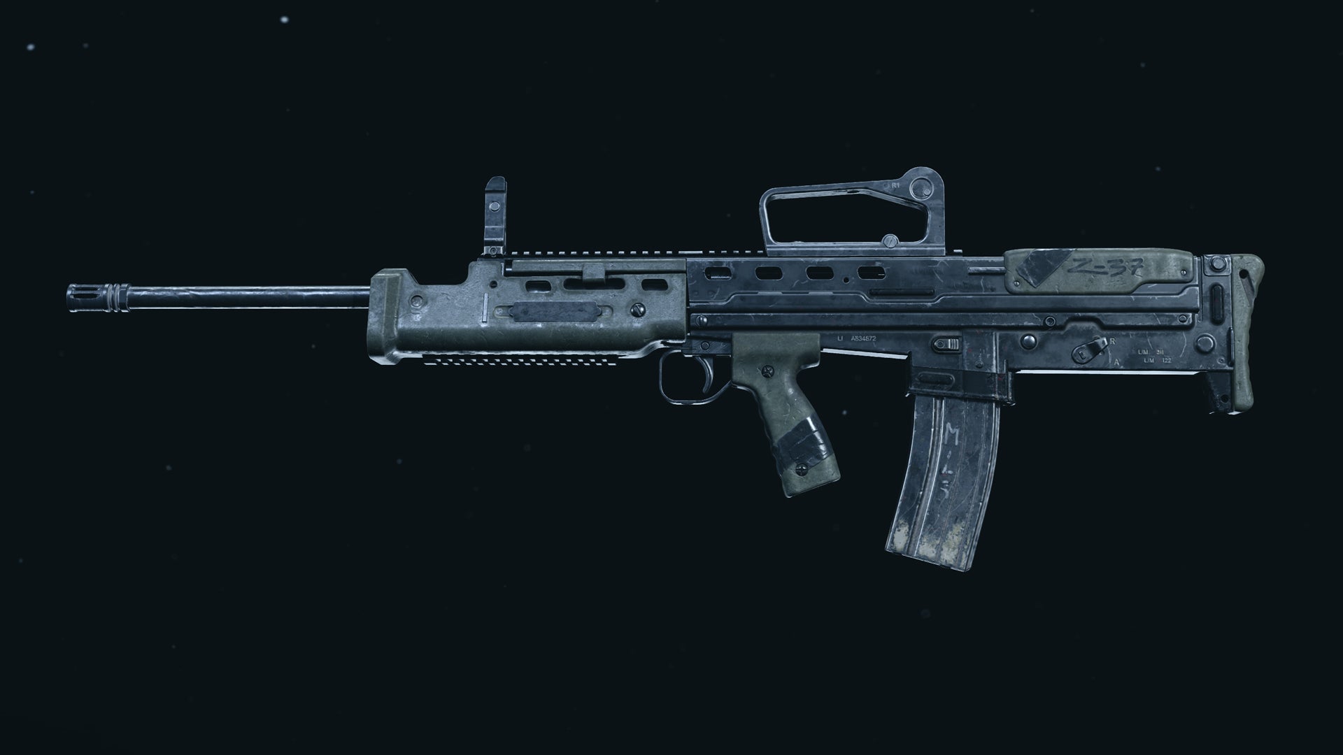 A screenshot of the SA87 LMG as it appears in the Call of Duty: Warzone Gun...