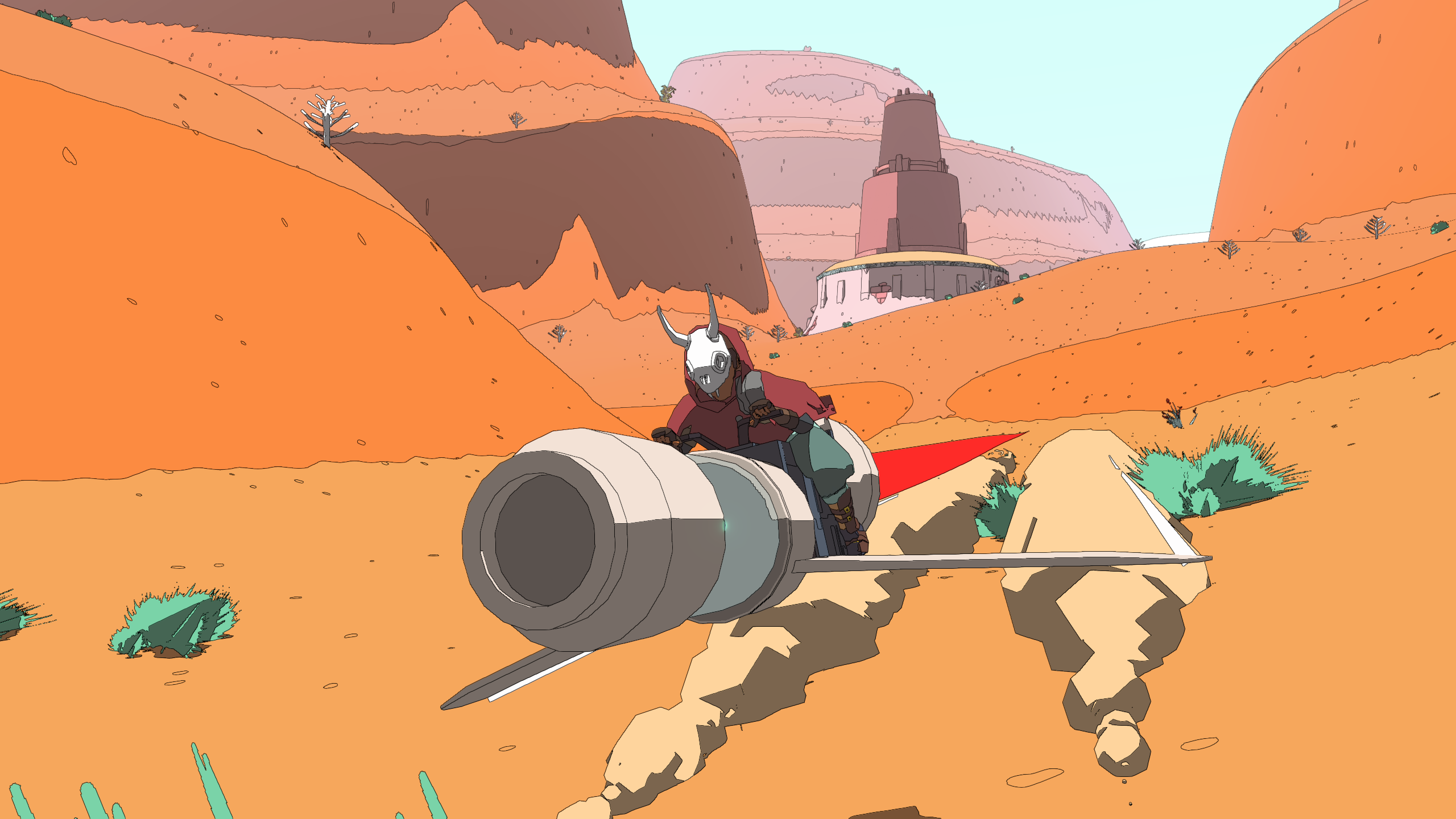 Hoverbiking through the desert in a Sable screenshot.
