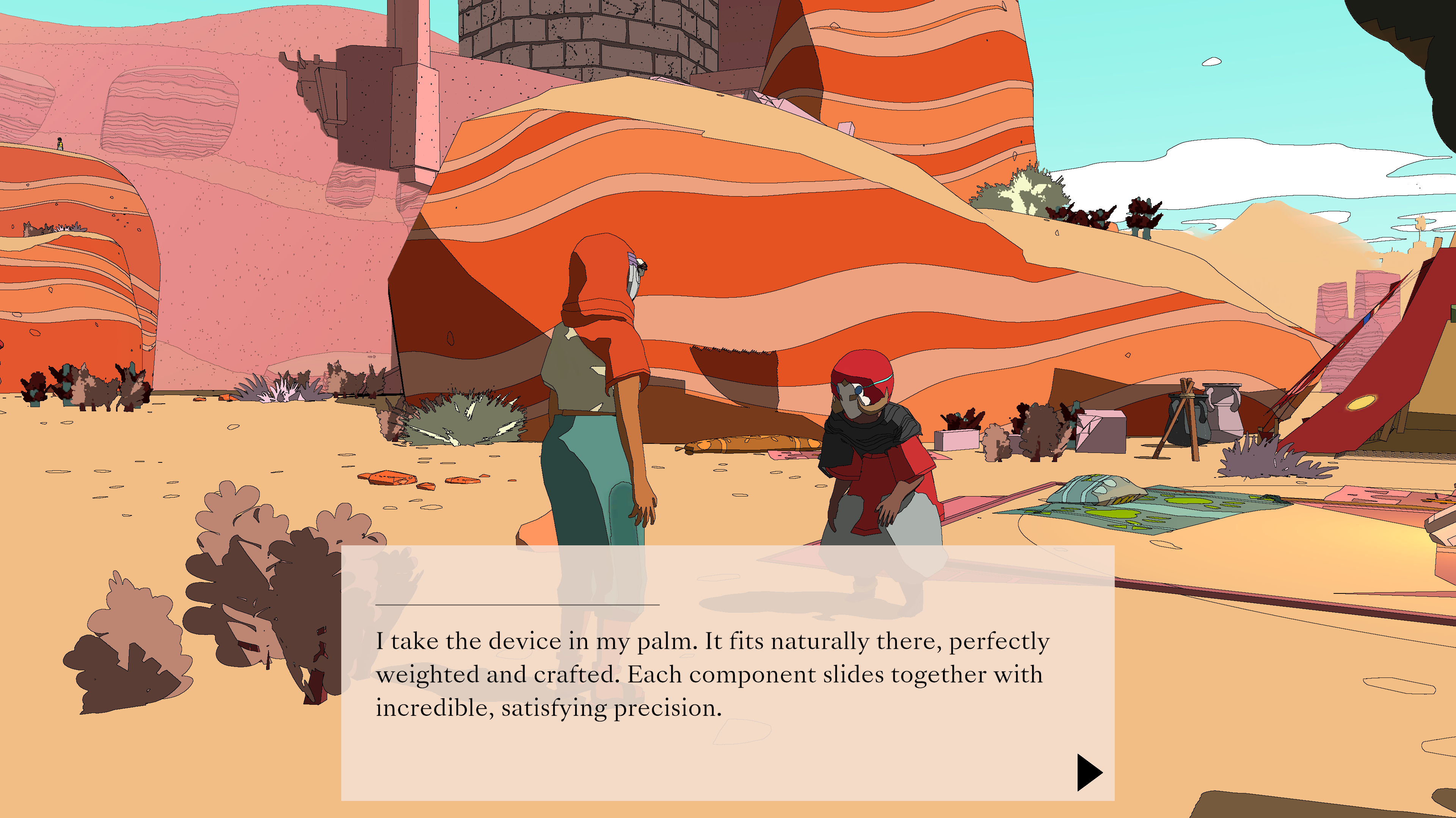 A screenshot of Sable chatting with a small elderly woman in a desert camp in Sable
