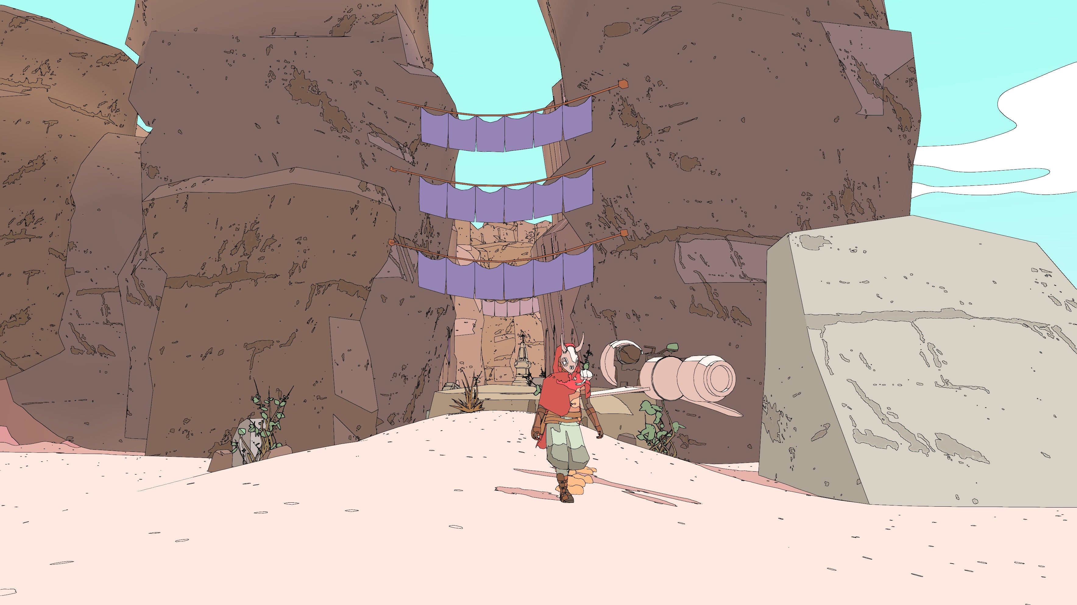 Sable walks through a pretty canyon next to her hoverbike.