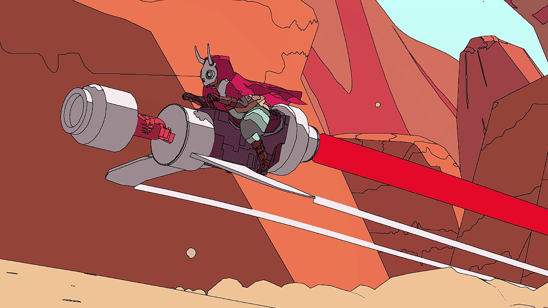 Artwork of Sable riding her bike in a desert in Sable