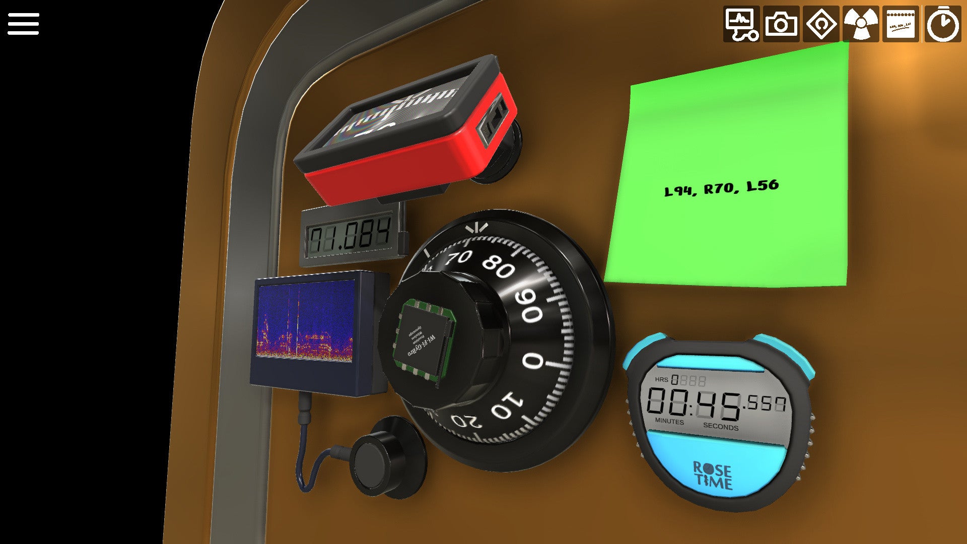 Sophie's Safecracking Simulator - A safe dial surrounded by a sticky note with a combination written on it, a timer, and other safecracking tools.