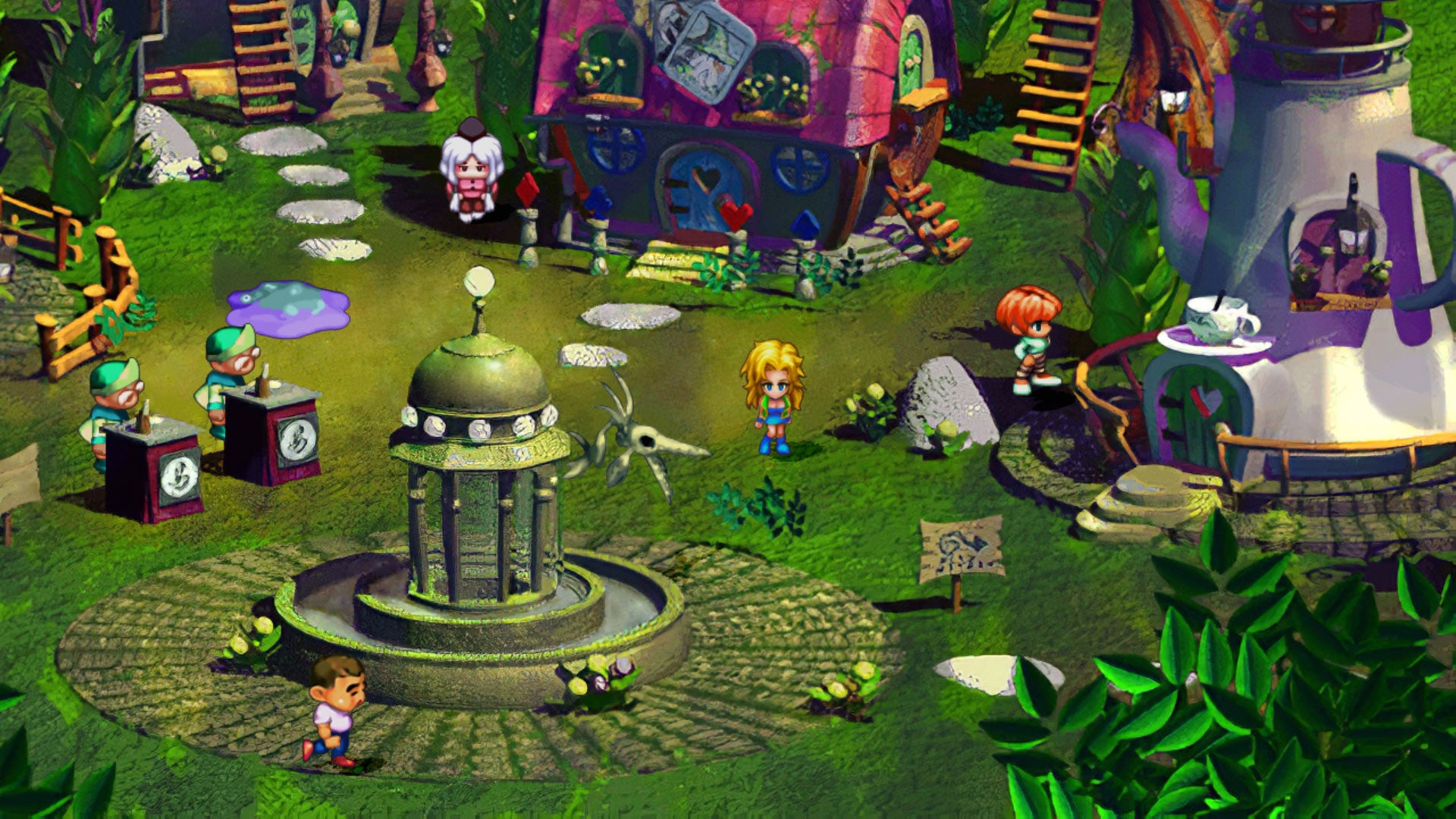 Some chibi-looking characters wandering around a very green village in SaGa Frontier Remastered.