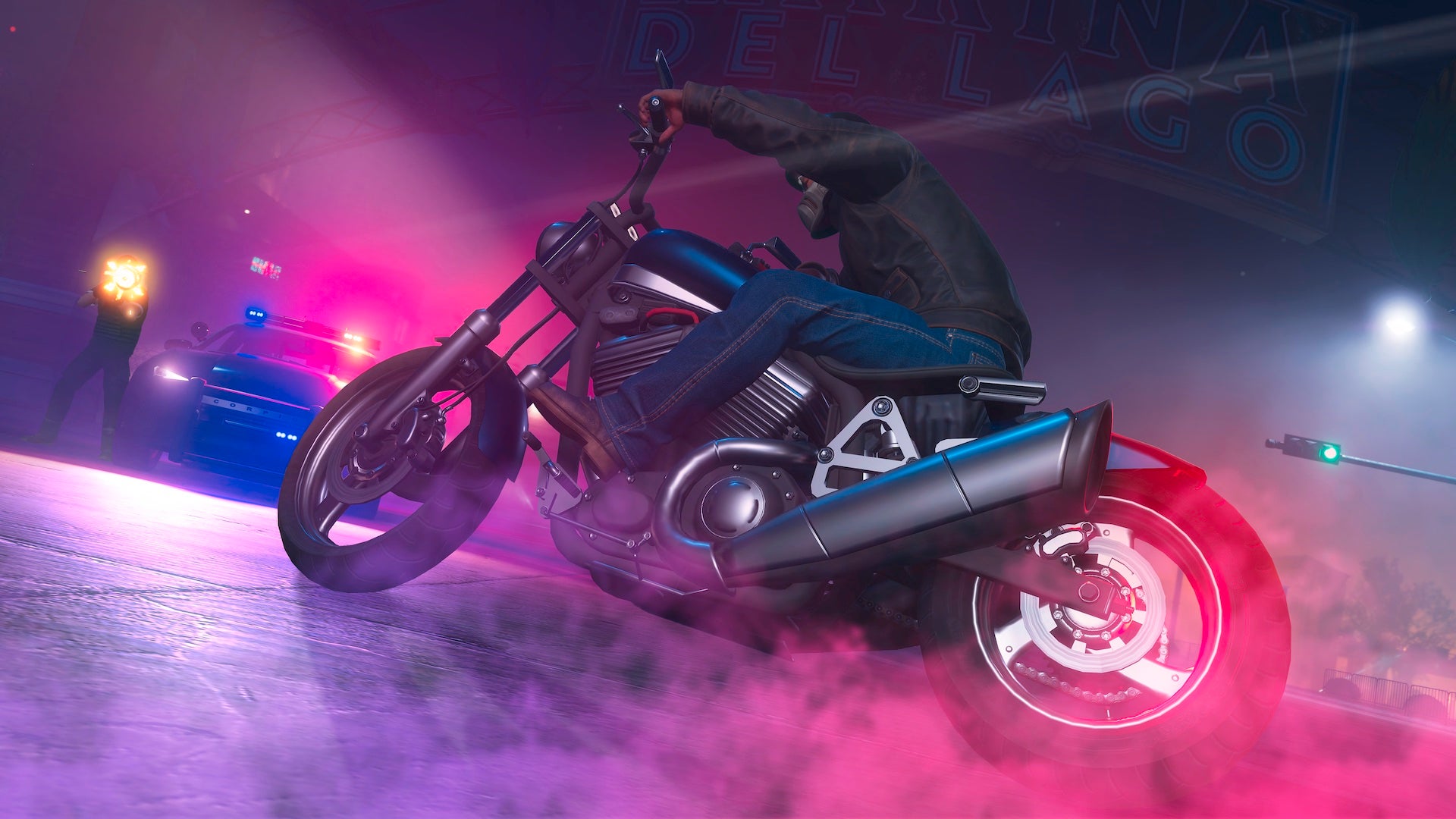 A member of the Saints burns rubber on their motorbike in Saints Row.