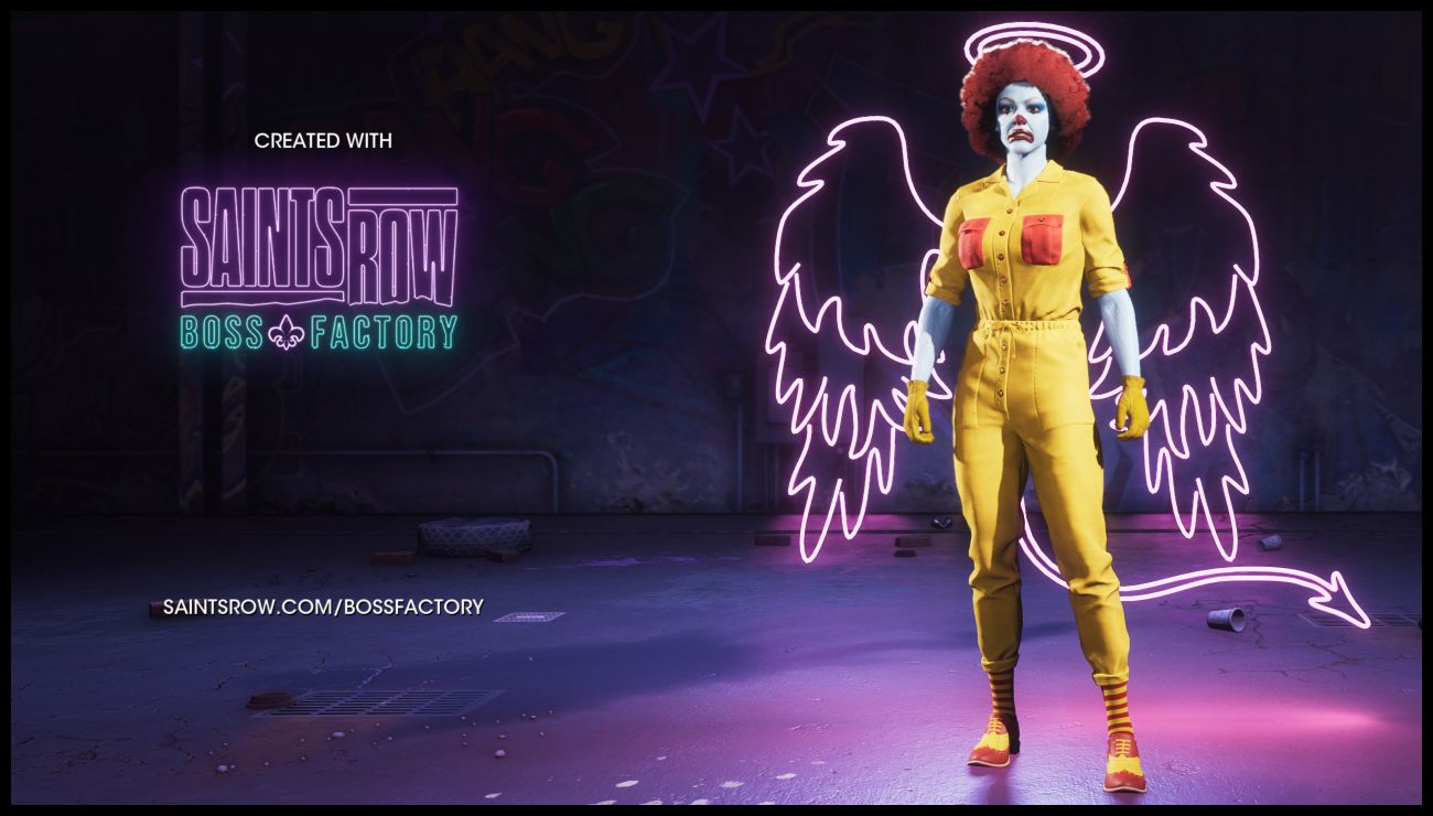A boss in the Saints Row Boss Factory: a woman dressed as Ronald McDonald