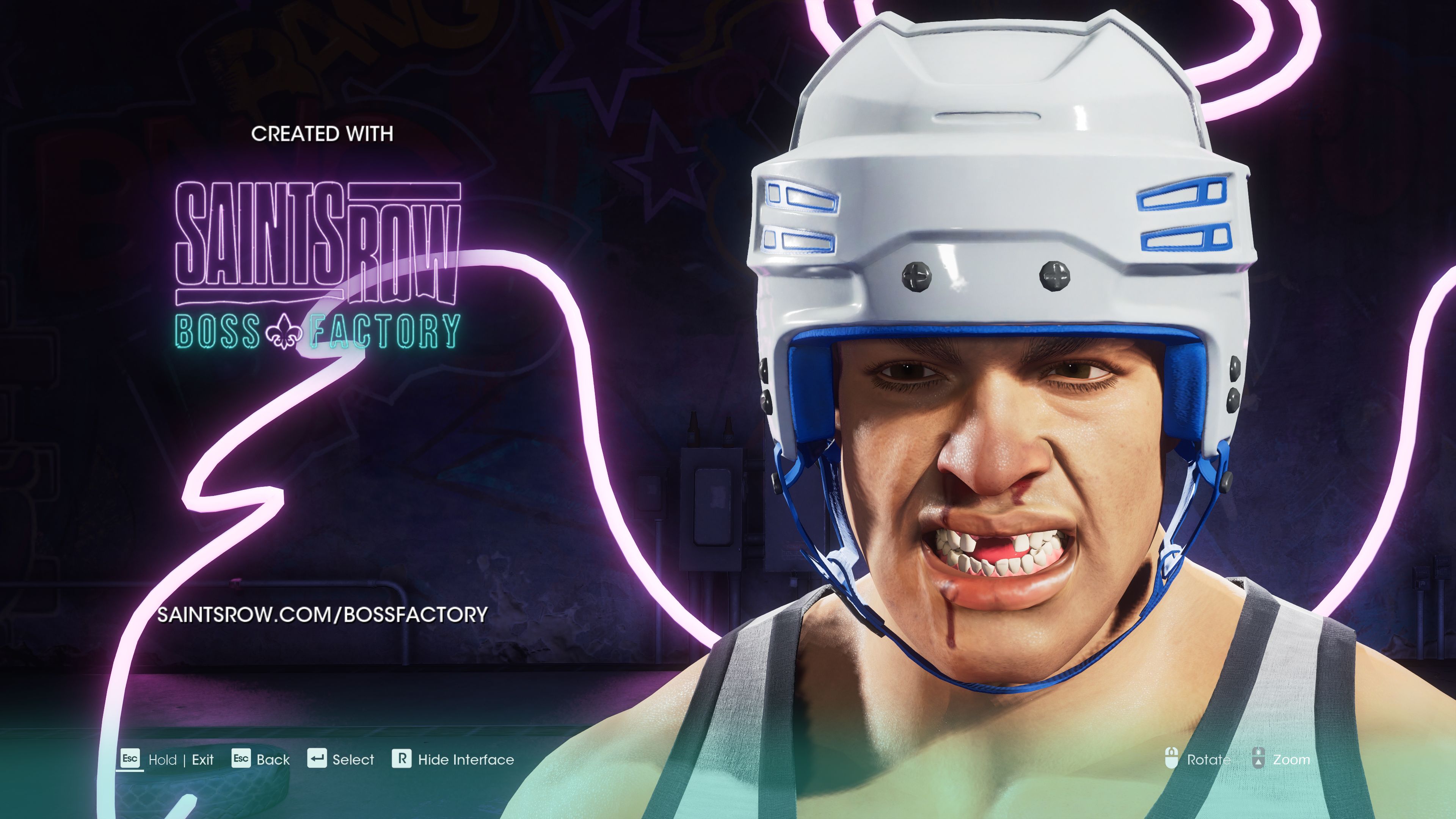 A close up of a boss created in Saints Row Boss Factory, a man in a hockey helmet with two missing front teeth