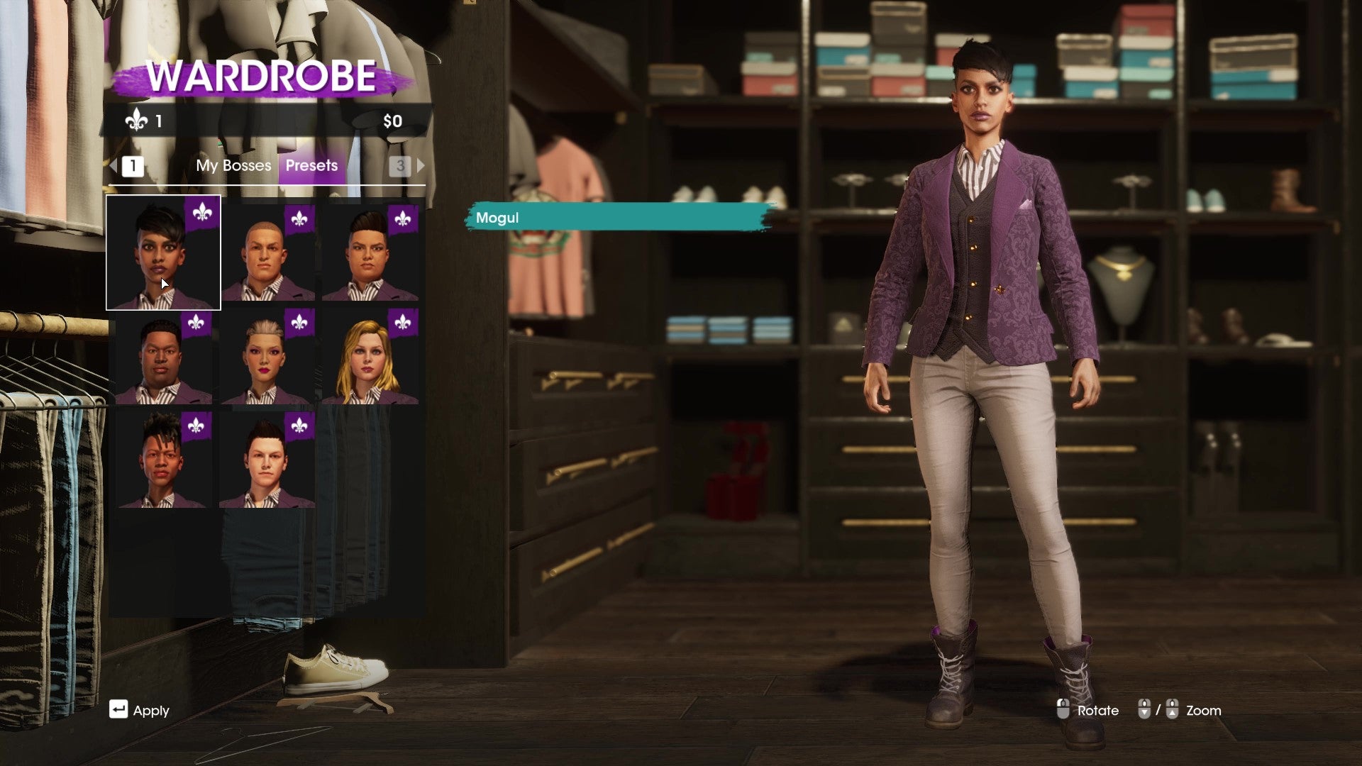 The initial character creation screen in Saints Row, showing the variety of default appearances for the Boss.