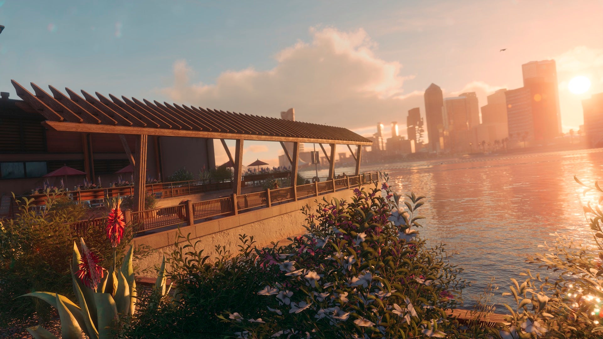 A shot of a lakeside bar looking out over Santo Ileso in Saints Row.