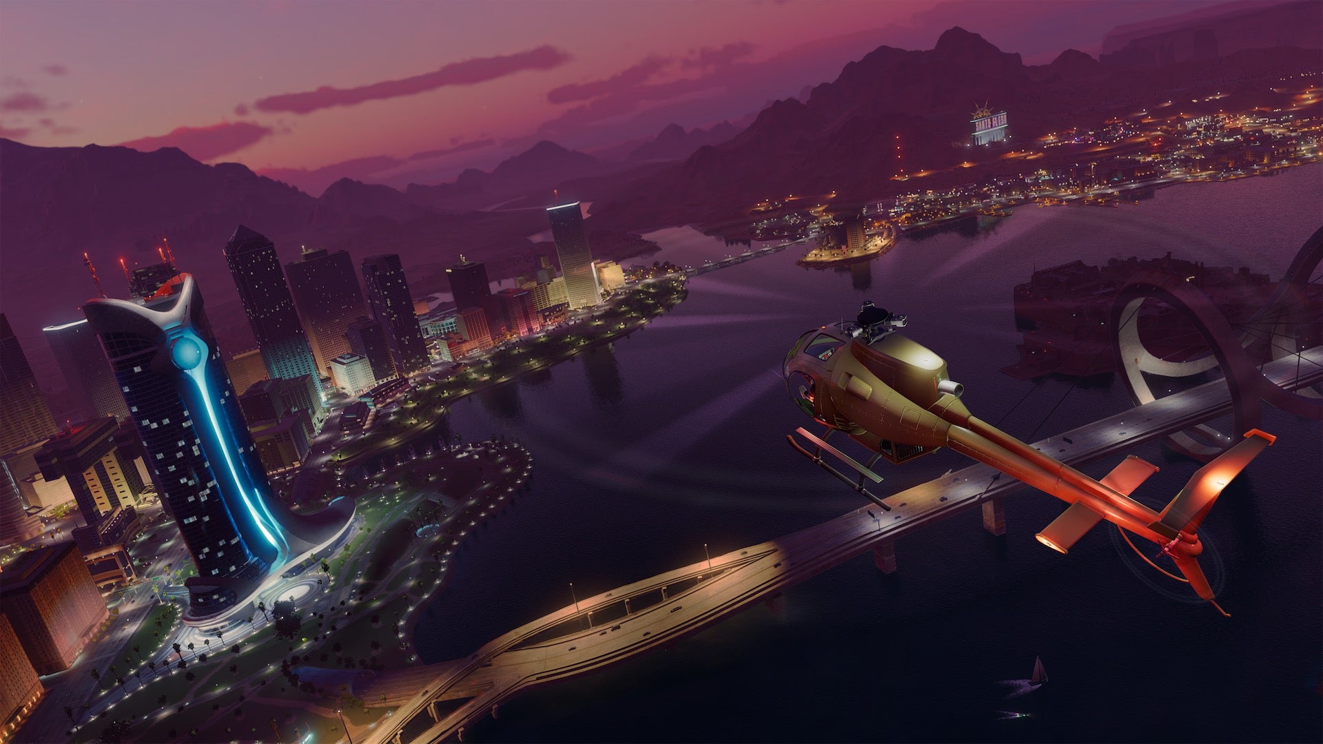A helicopter flies over the city at night in Saints Row.