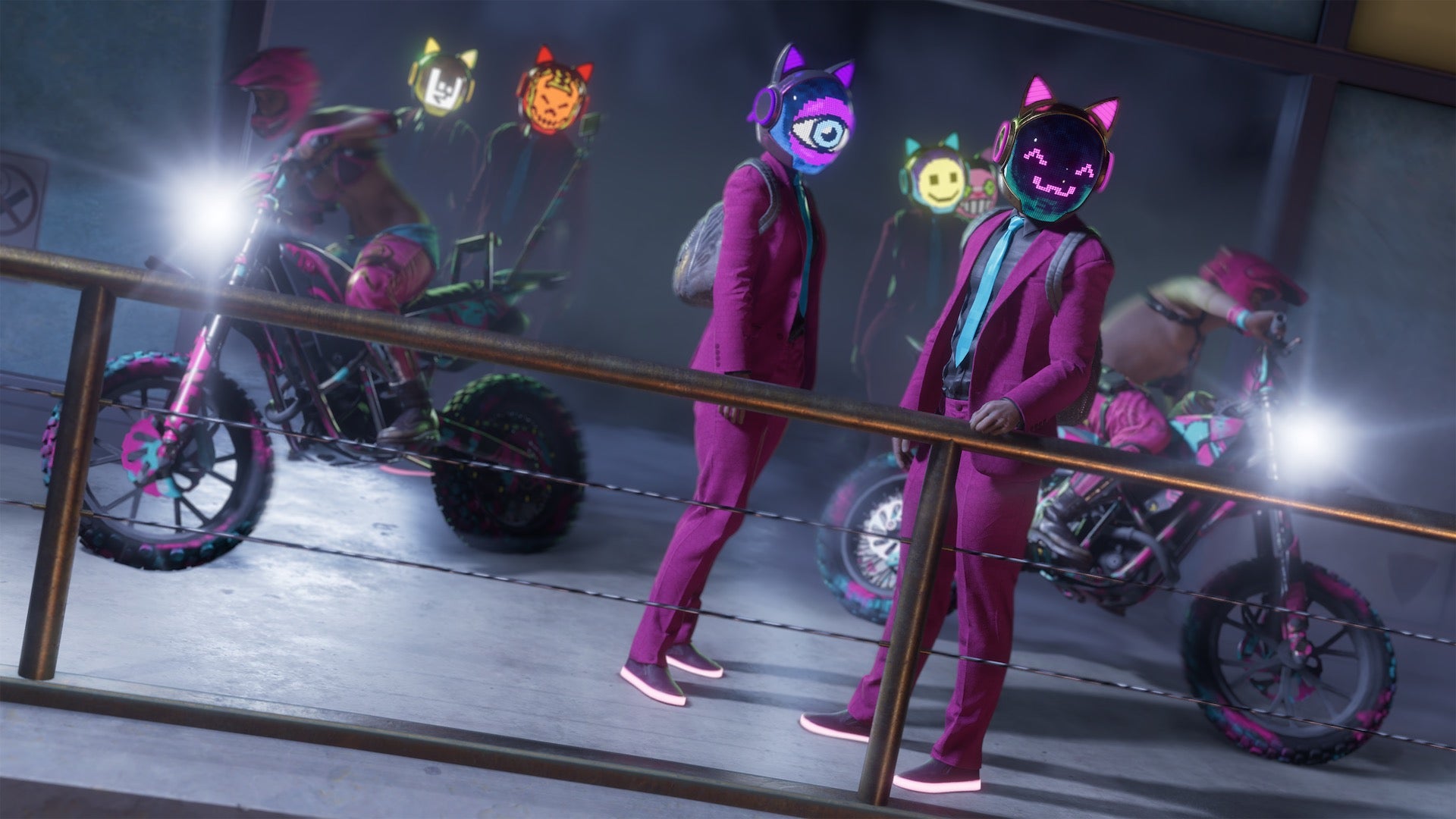 The Idols wear LED helmets and pink suits in Saints Row.