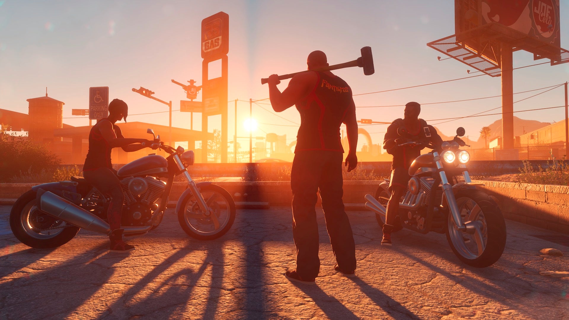 Three members of the Panteros gang hangout as the sun sets in Saints Row.
