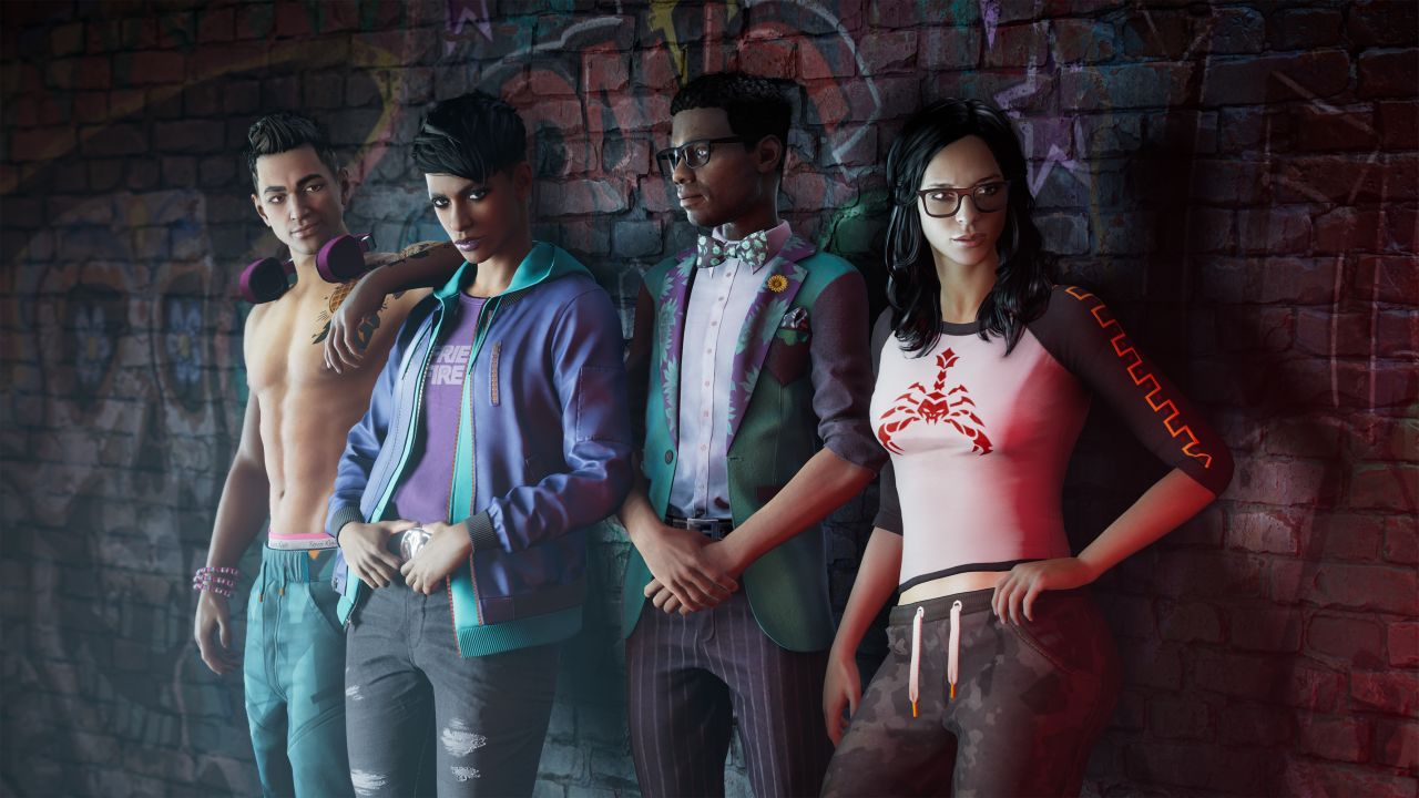 The four main characters in the Saints Row reboot leaning against a wall. Left to right: Kevin, the Boss (player character), Eli and Neenah