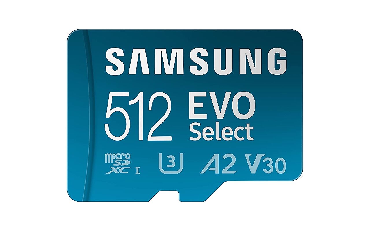 A Samsung Evo Select 512GB microSD card.