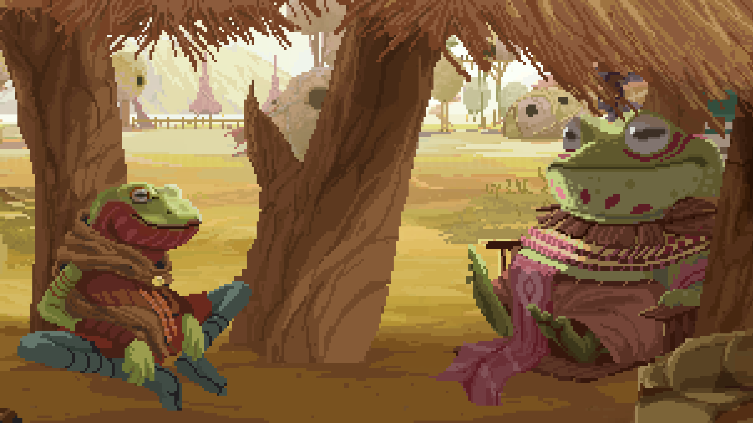 Humanoid frogs relaxing in a hut in a Sandwalkers screenshot.