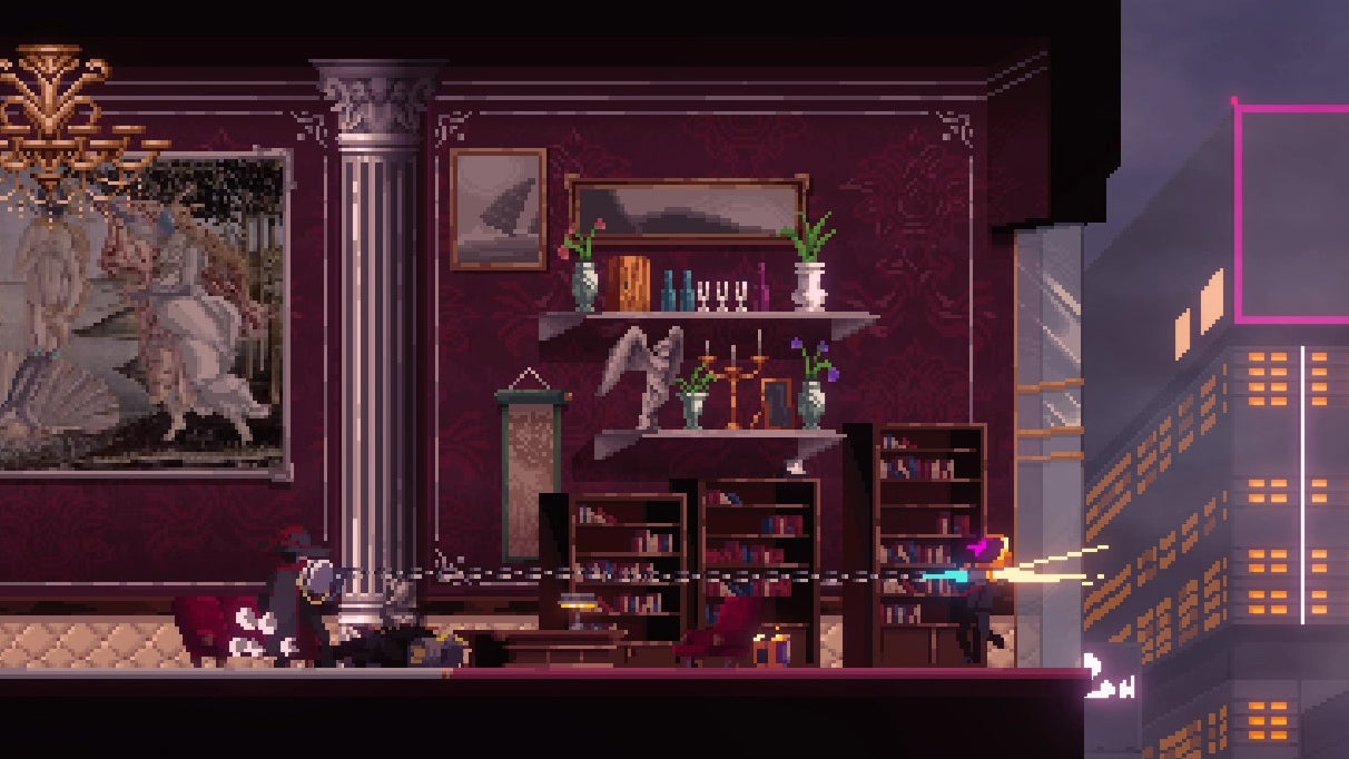 A screenshot from Sannabi: The Revenant showing the protagonist in a gaudy high rise apartment skewering someone with a grappling hook, such that they're hanging out a window.