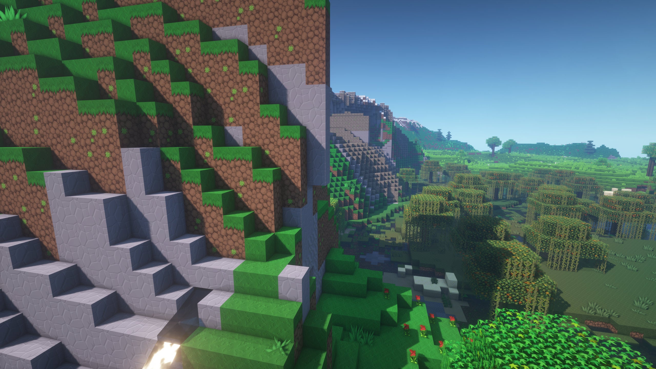 A Minecraft screenshot of a landscape displayed using the Sapixcraft Texture Pack.