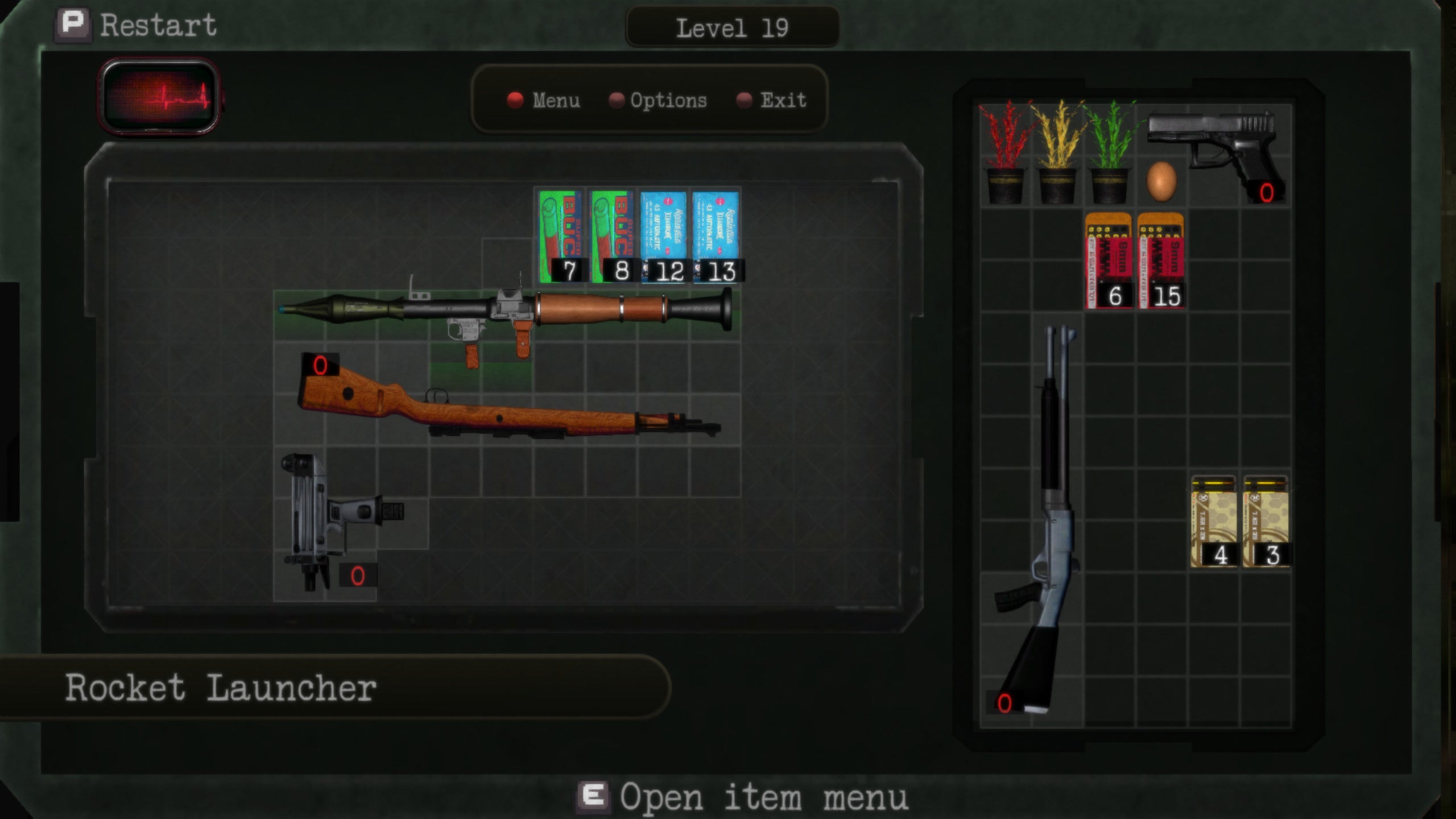 Rotating weapons inside a Resident Evil 4-style inventory in a Save Room screenshot.