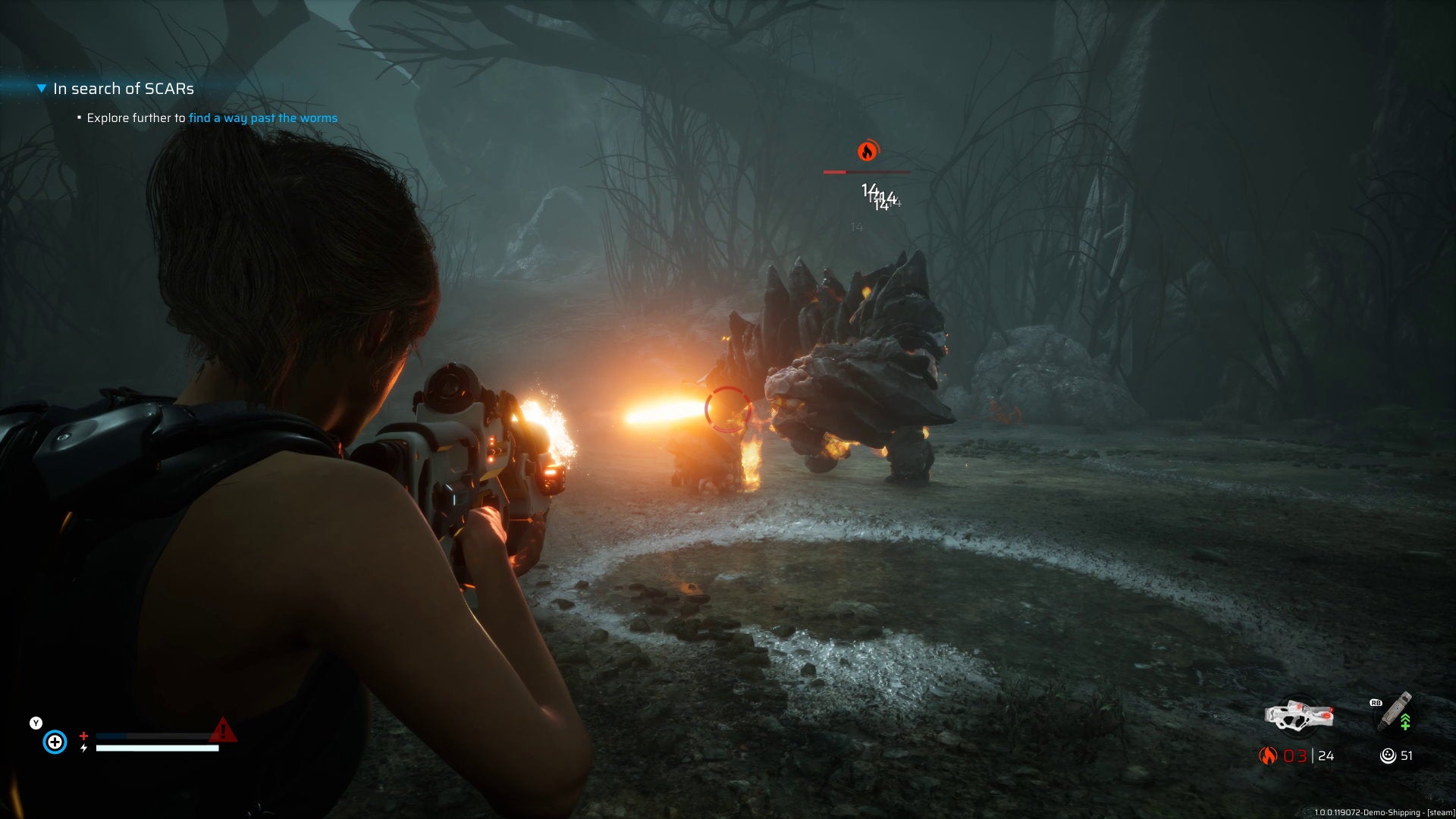 A woman shoots a fire bullet at a large ape-like monster in Scars Above