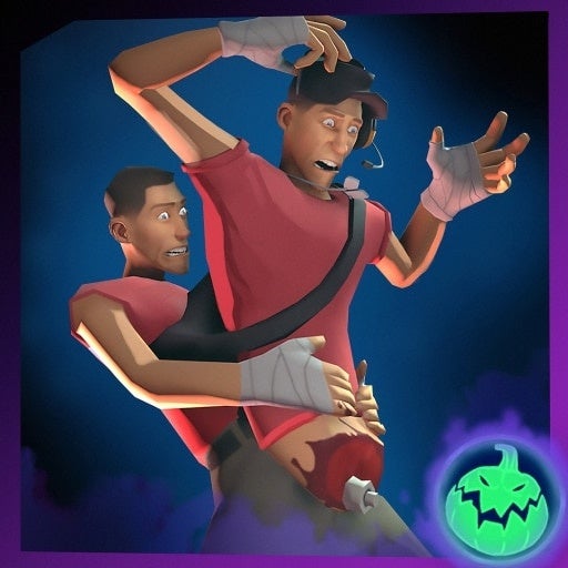 An image showing the Scout from TF2 wearing a cosmetic outfit that makes him look like he's carrying his own severed torso.