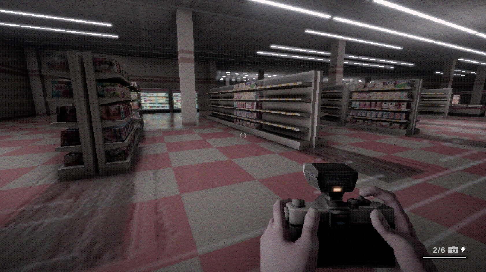 Holding a camera in a spooky supermarket in a game by Sodaraptor.