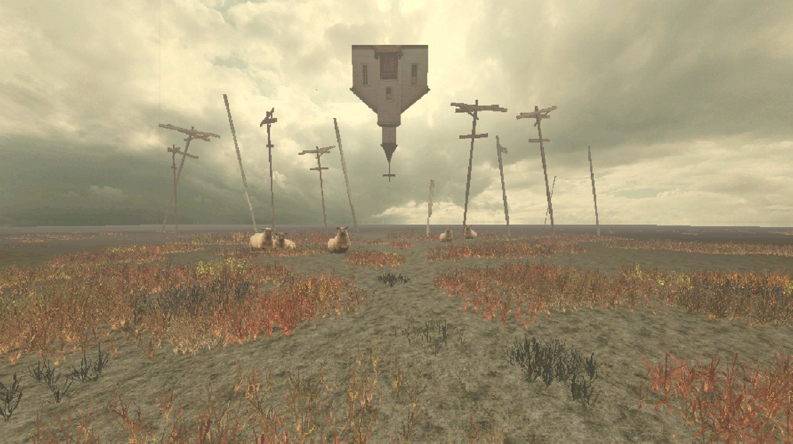 A hovering upside-down church in a screenshot of a game by Stef Pinto.