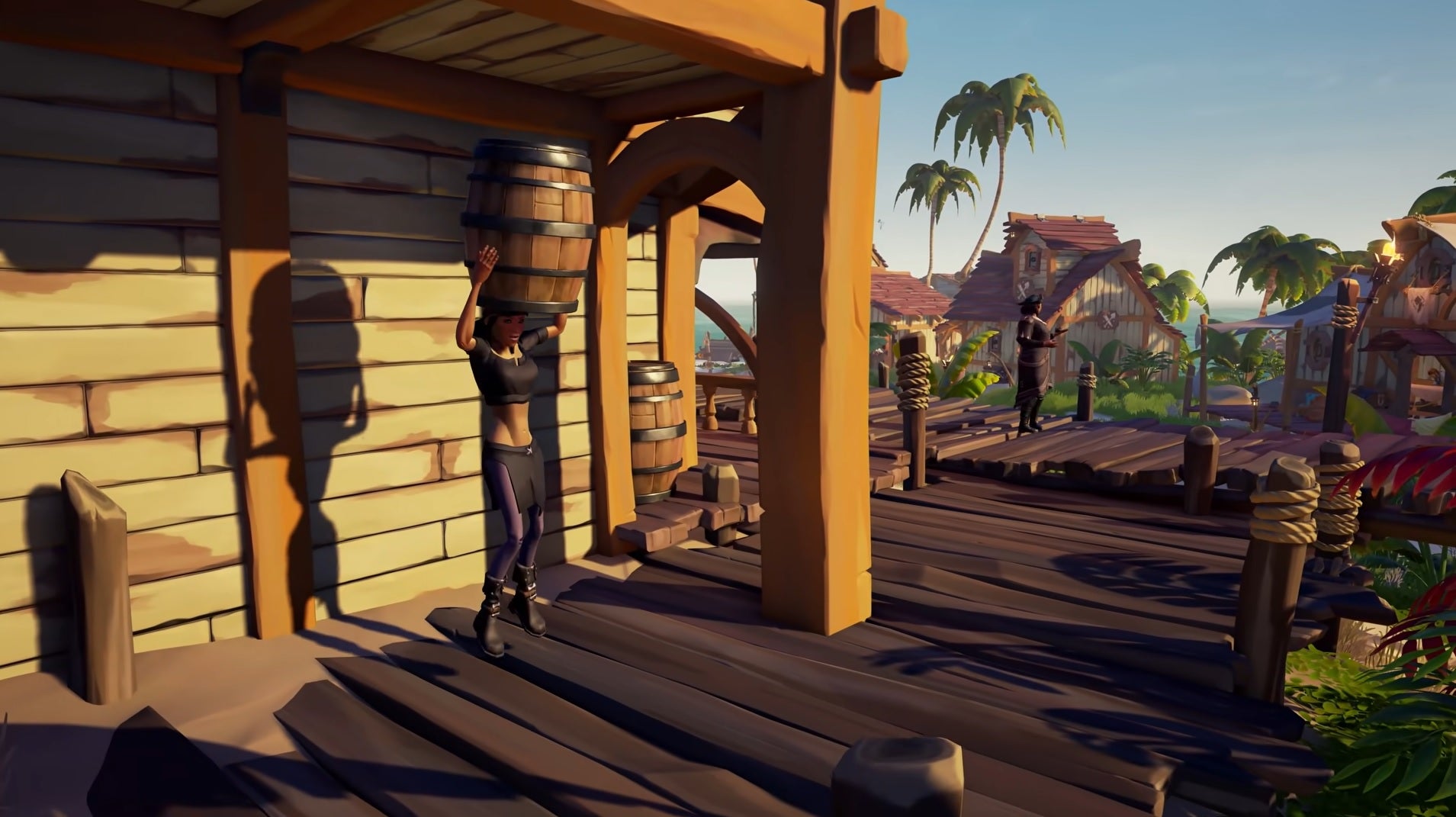 Sea Of Thieves - A pirate standing behind a tavern leaps in the air with a barrel above their head, about to disappear inside.