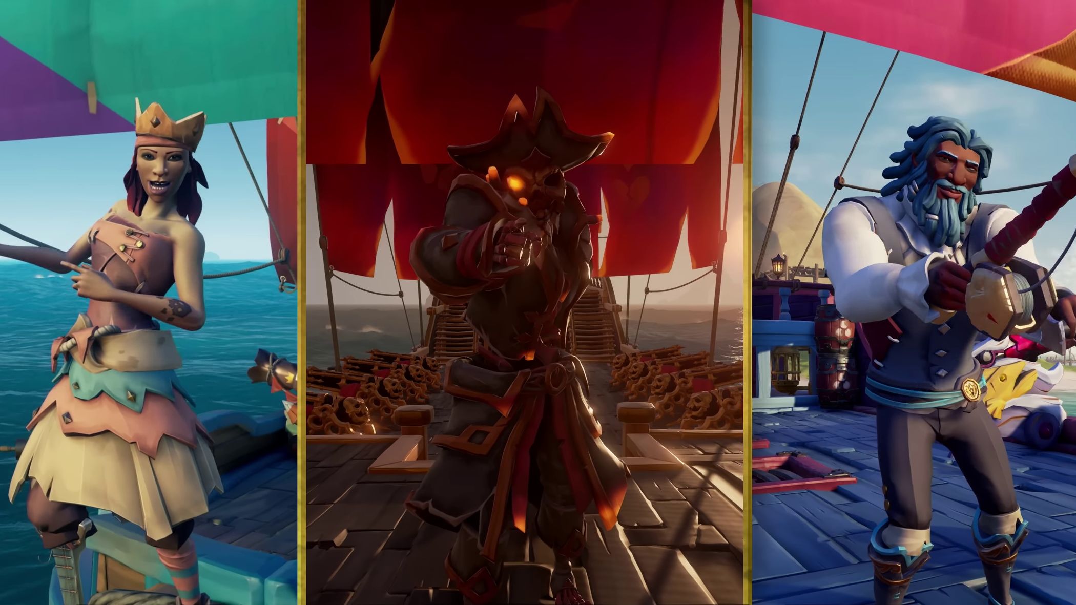 Three Captains in the Season Seven Sea Of Thieves update, each with different custom gear and ships