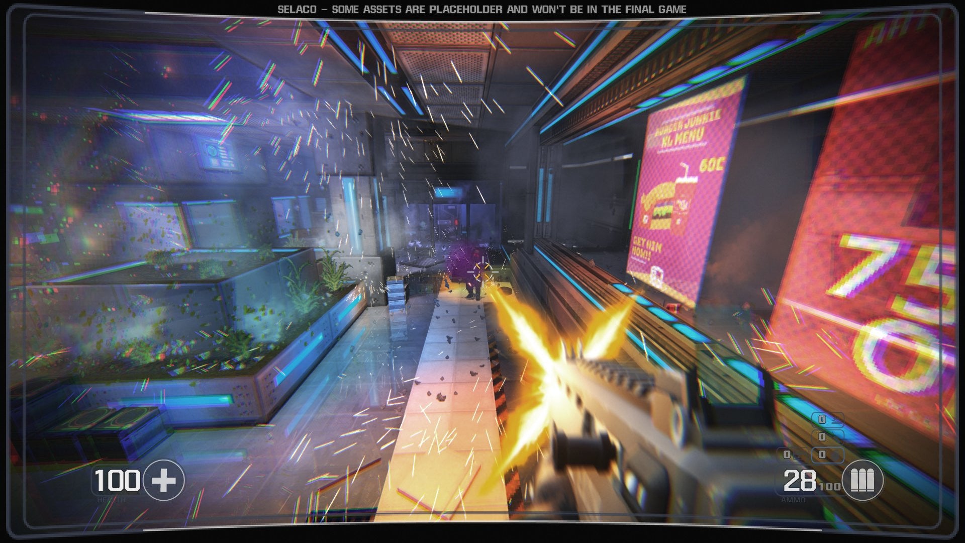 A screenshot of Selaco, showing a first-person view of the player jumping while firing a machinegun at an enemy. Particle effects are everywhere in a shiny scifi lobby and the enemy is spilling purple blood.