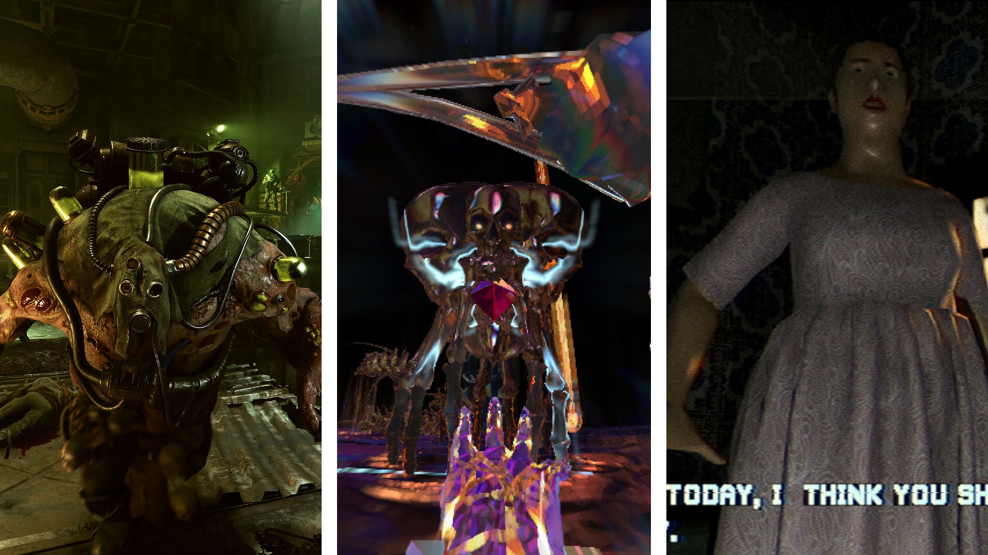 A composite image in thirds, each a screenshot from a different game. L-R: Warhammer 40k: Darktide; Hyper Demon; Mothered