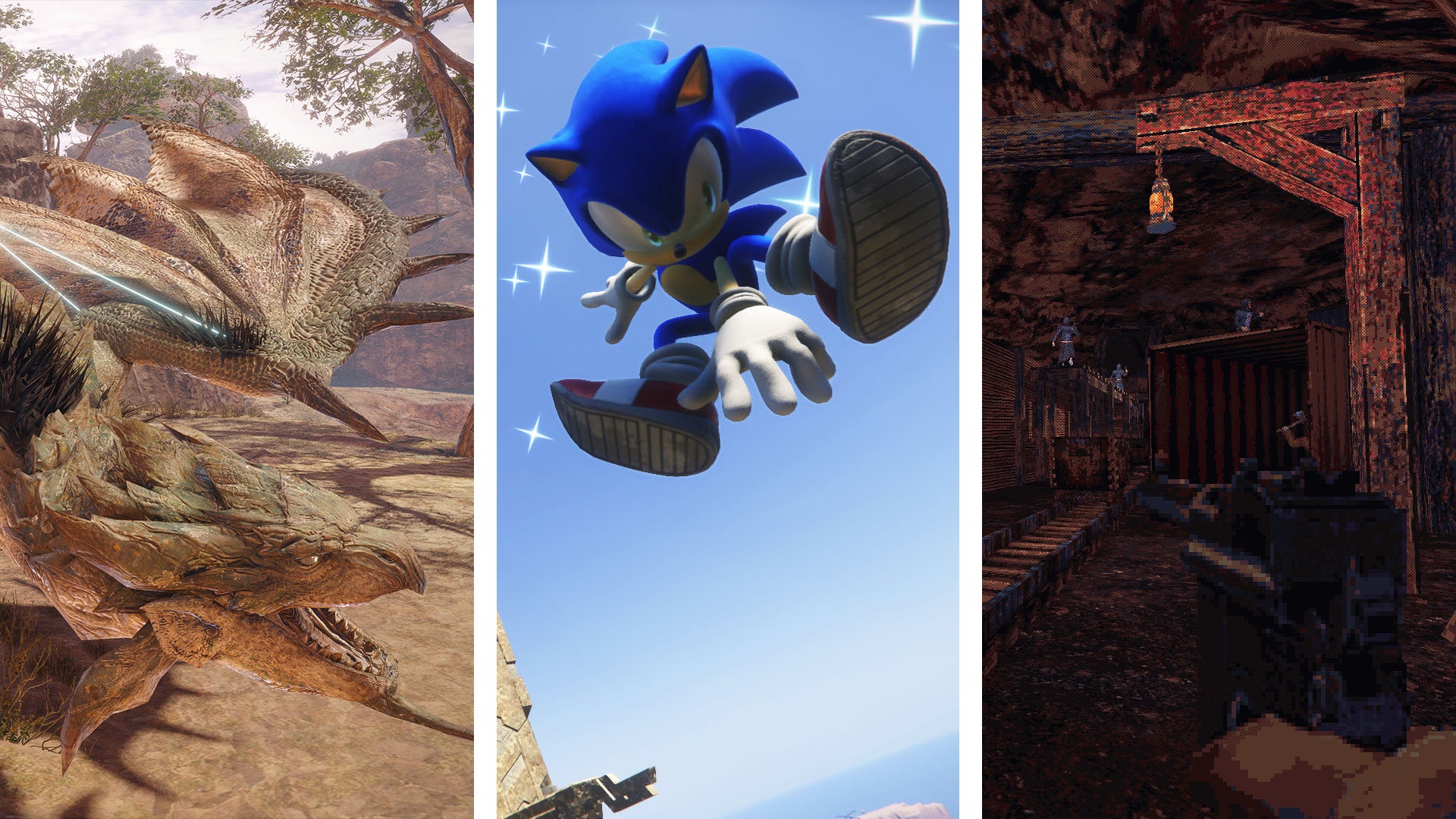 A composite image in thirds, each part of a screenshot from a different game. L-R: Monster Hunter: Rise; Sonic Frontiers; Cultic