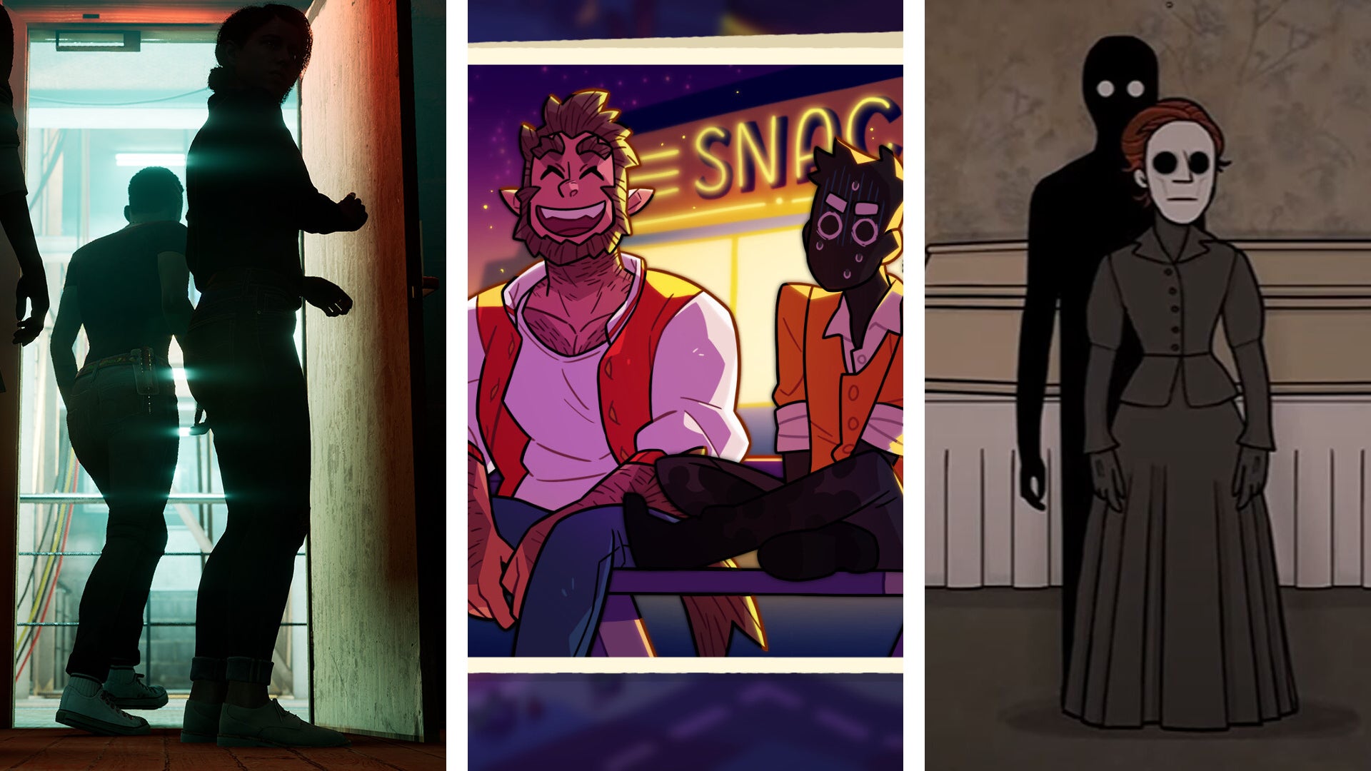 A composite image in thirds, each part of a screenshot from, l-r: The Dark Pictures Anthology: The Devil In Me; Monster Prom: Monster Roadtrip; The Past Within