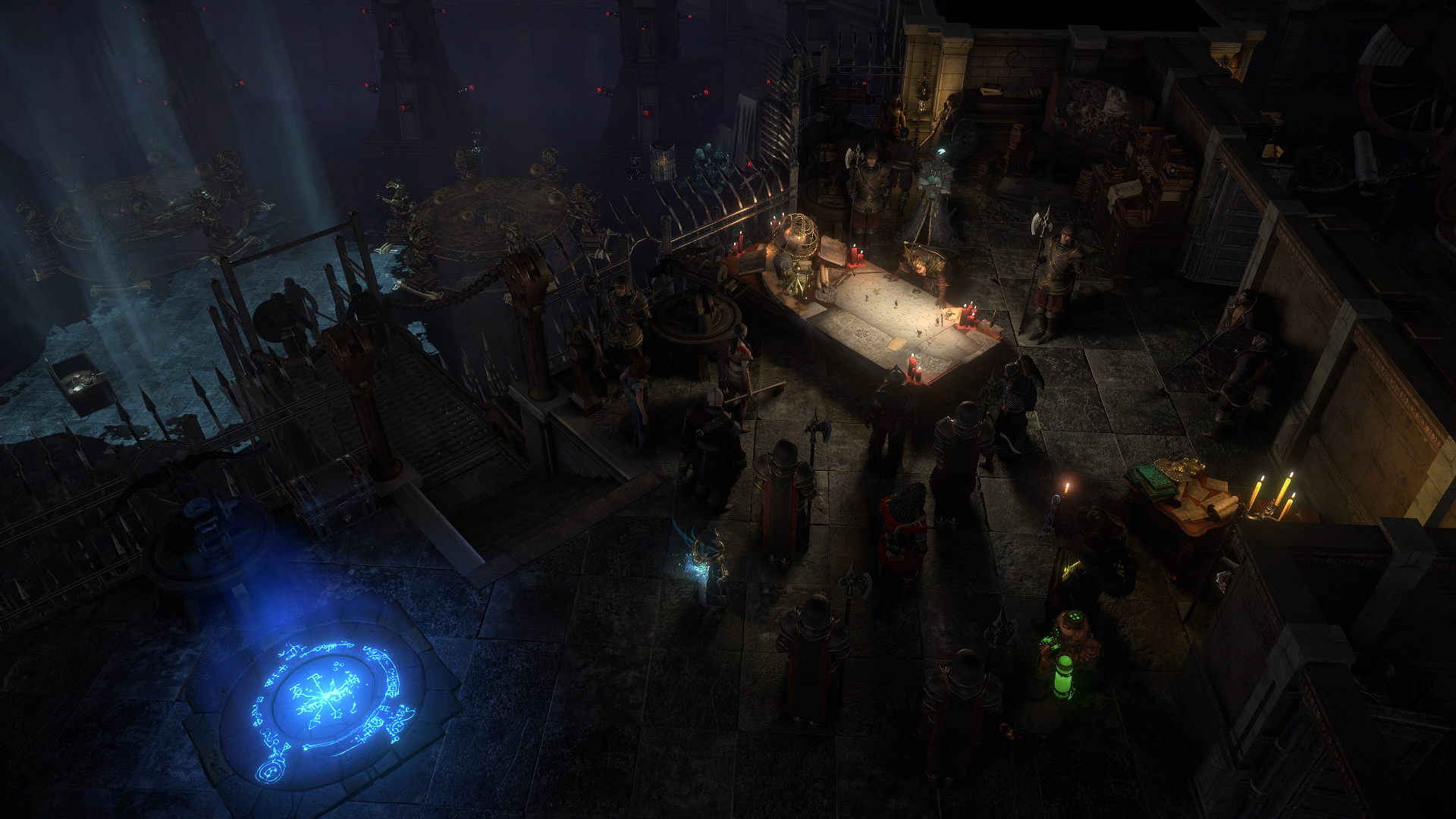 Kirac stoops over the Atlas planning table in Karui Shores in Path Of Exile