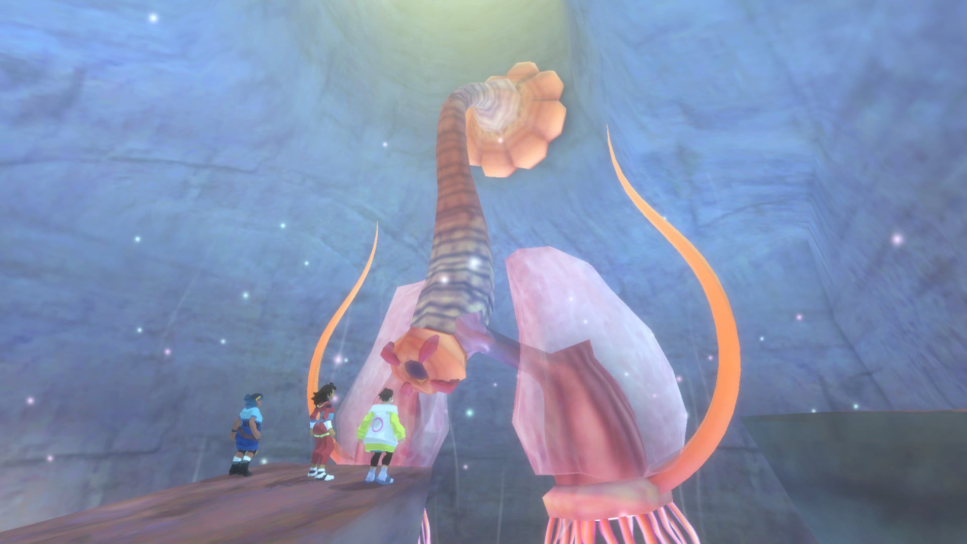 The three main characters of Sephonie observing a lifeform that looks like a giant pair of lungs growing a flower
